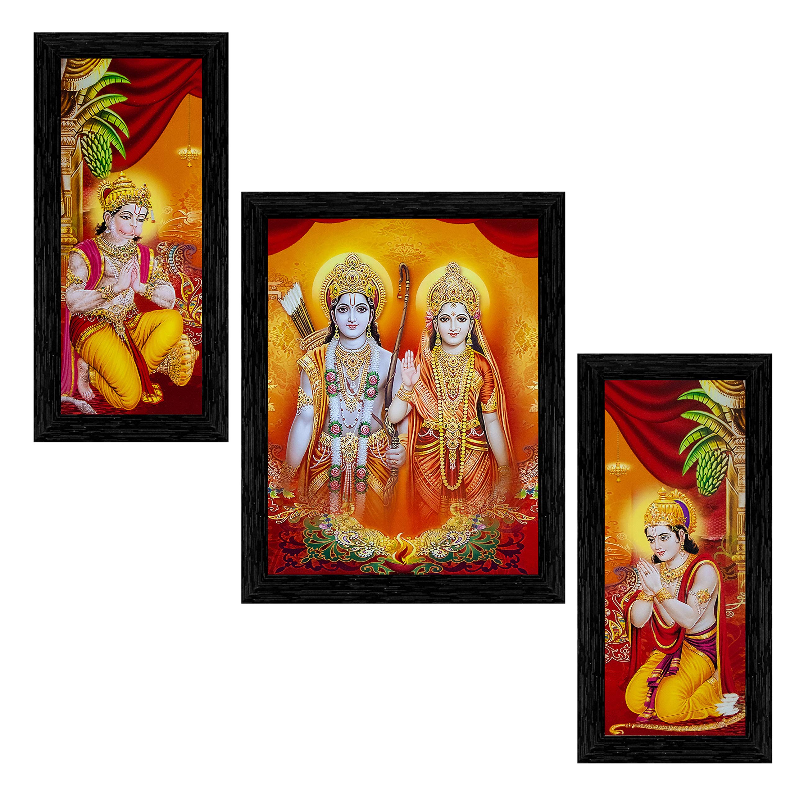 Indianara Set of 3 Ram Darbar Framed Painting (3496BK) without glass 6 X 13, 10.2 X 13, 6 X 13 Inch, Multicolor