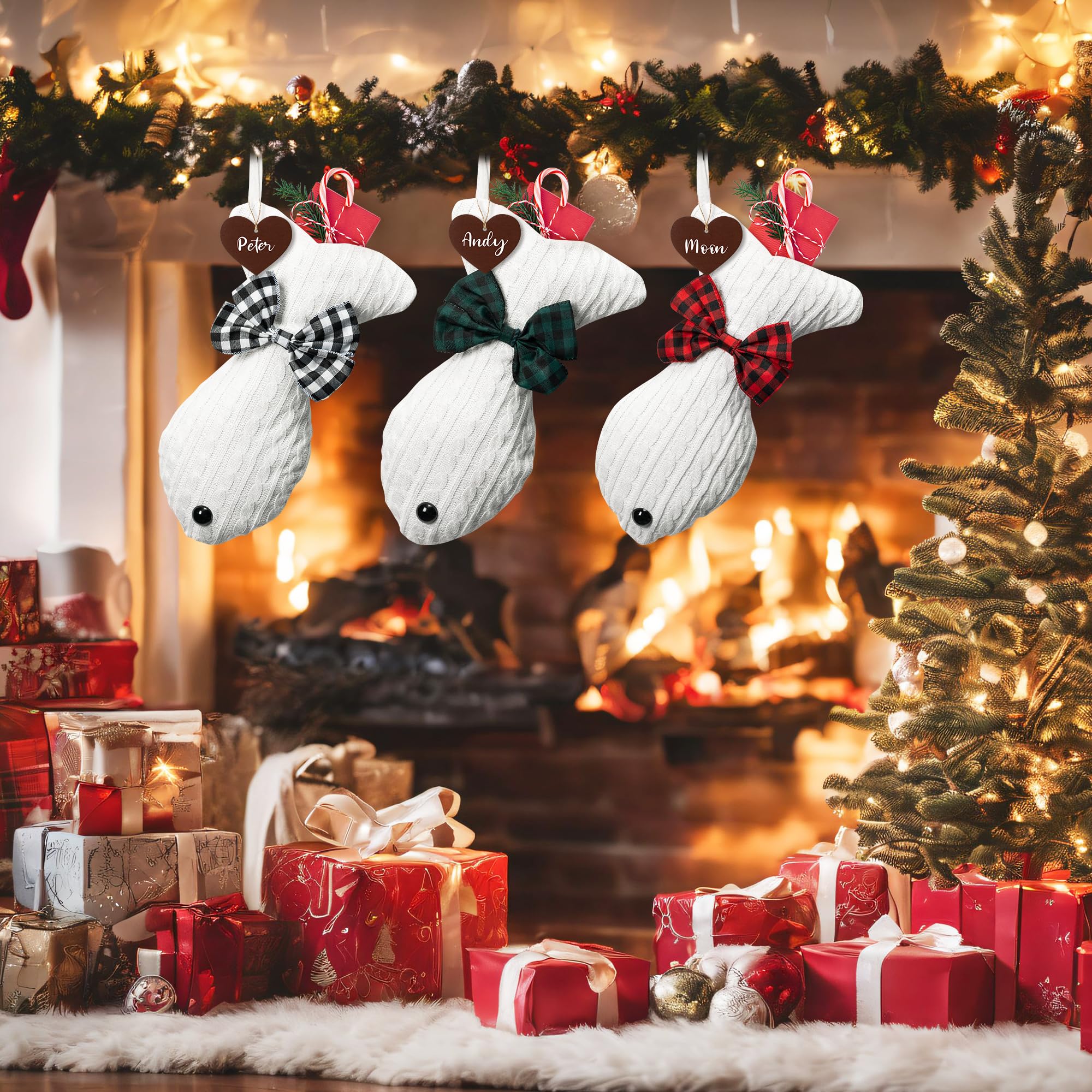 WATINC Lot de 3 grandes chaussettes de Noël personnalisées en forme d'os avec étiquette en bois pour animal de compagnie, chat à suspendre pour réveillon de Noël, cheminée, arbre de Noël, décoration