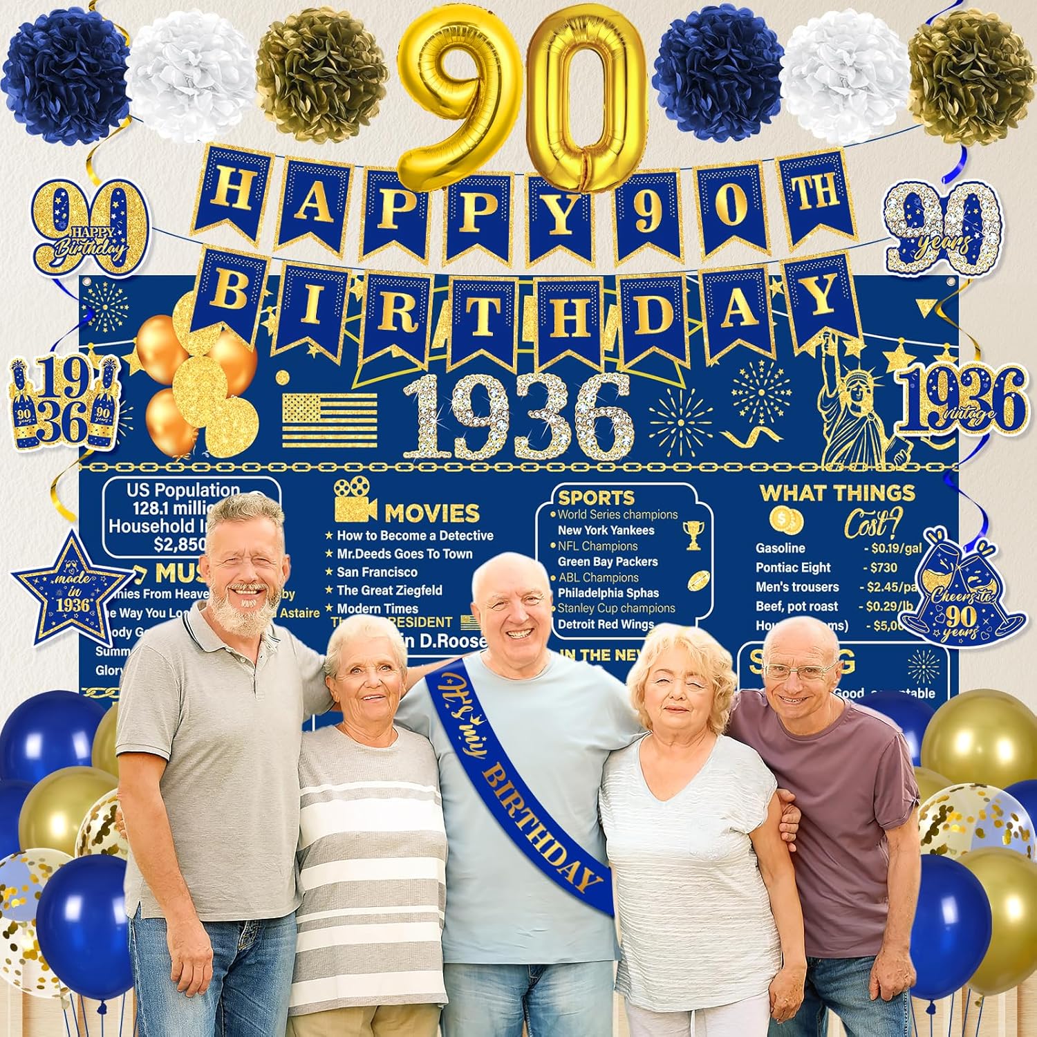 90th Birthday Decorations for Men Women Navy Blue Gold Vintage Back in 1936 Banner Happy 90th Birthday Honeycomb Centerpiece Hanging Swirls Sash Paper Pompoms Decor for Cheers to 90 Years Old Supplies
