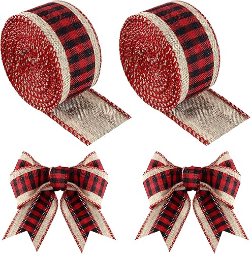 2 rollos de cintas de arpillera a cuadros de búfalo de Navidad, con borde con alambre, cinta para manualidades de tela a cuadros para decoración de