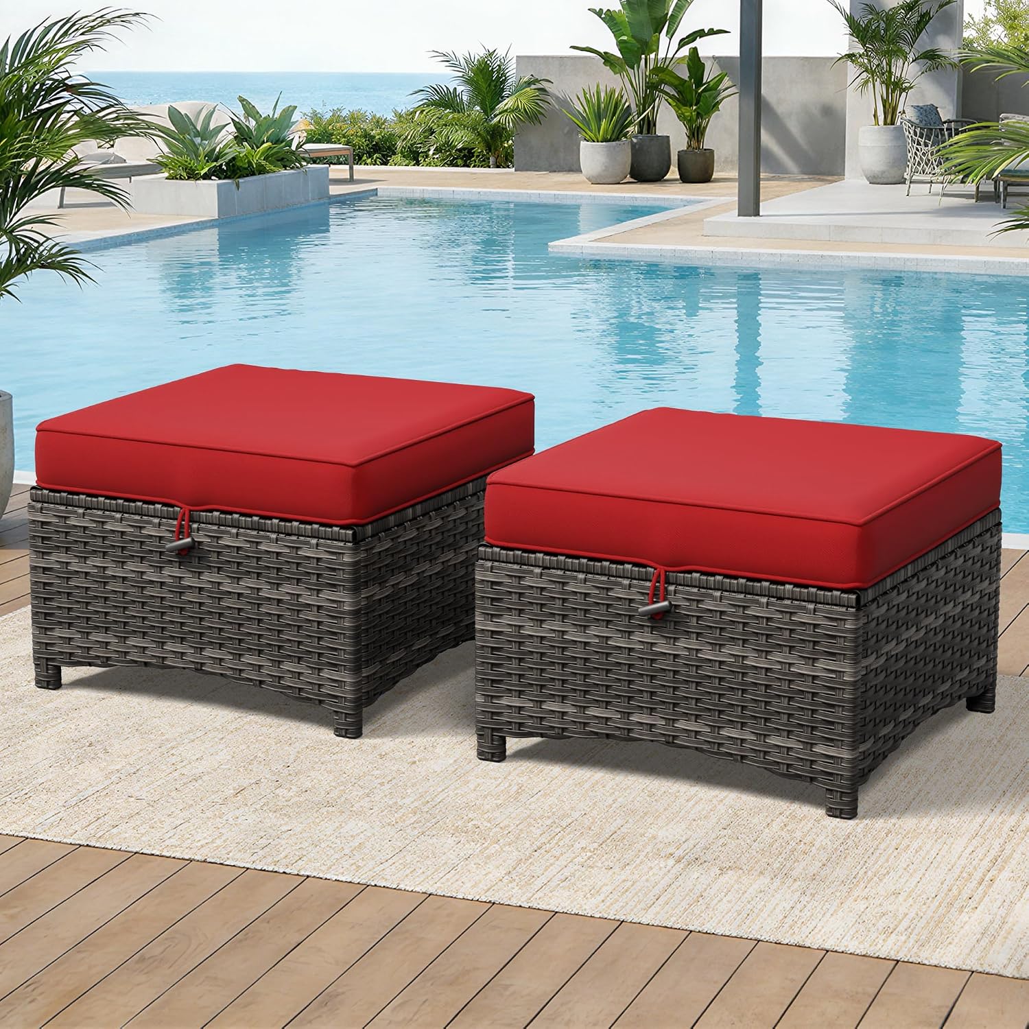 Patio Ottomans Set of 2, 22"x 22"x 18" Outdoor Wicker Footstool with Cushion, Red, for Garden, Backyard, Deck, Porch, Balcony, Poolside