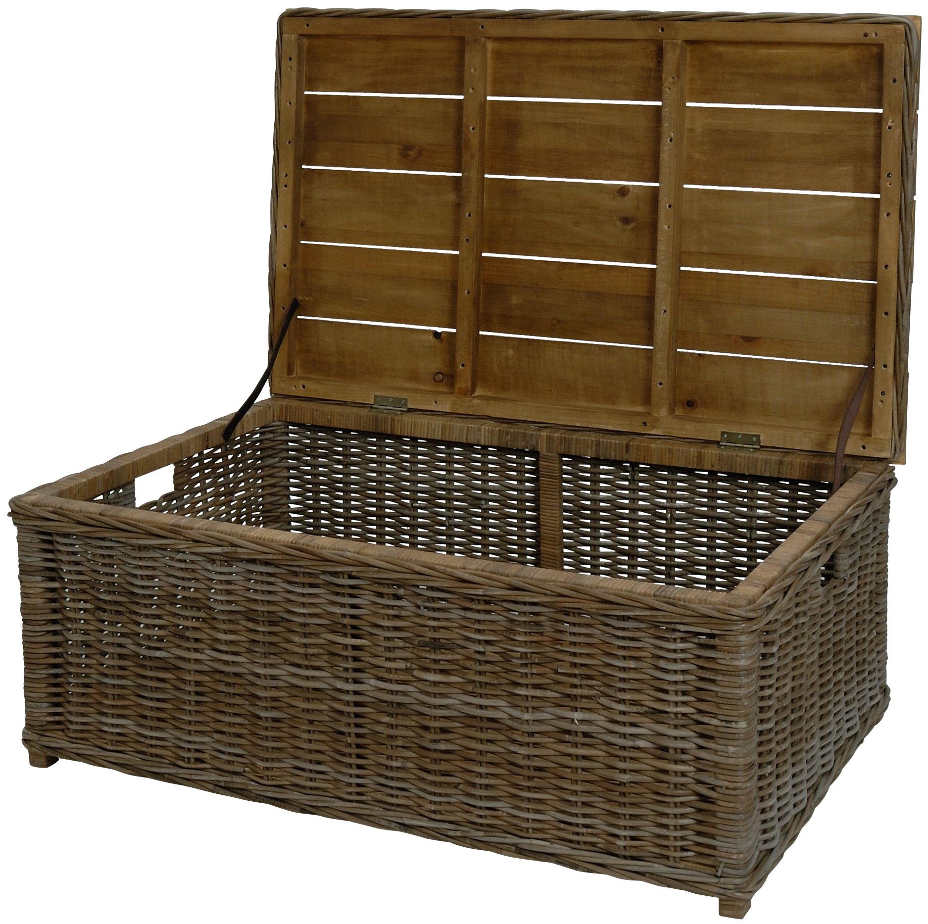 Stabiler Couchtisch auch als Holztruhe, Holzkiste XXL einsetzbar/aus echtem Rattan und Holz/massive Kiste, Truhe für Brennholz (110x70cm)