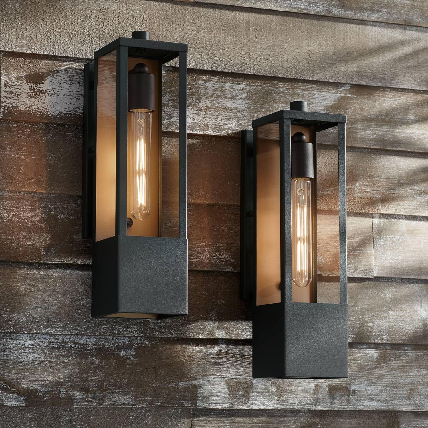 Possini Euro Design Berk Modern Outdoor Wall Light Fixtures Set of 2 Textured Black Gold Metal Box Frame 16" Clear Glass Panels for Post Exterior Barn Deck House Porch Yard Patio Garage Garden