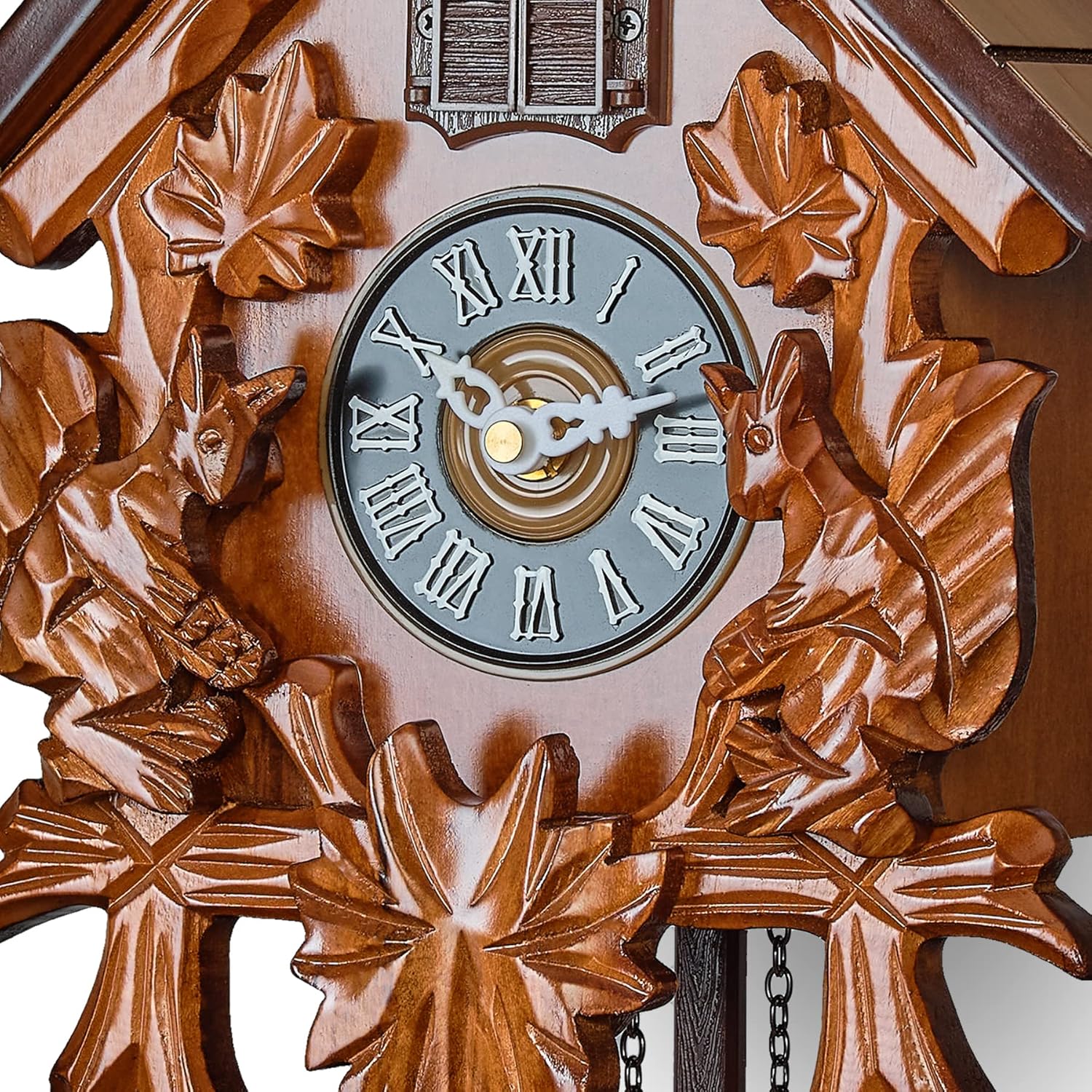 TIMEGEAR Cuckoo Wall Clock with Night Mode in Traditional German Style with Carved Squirrels (Cherry)