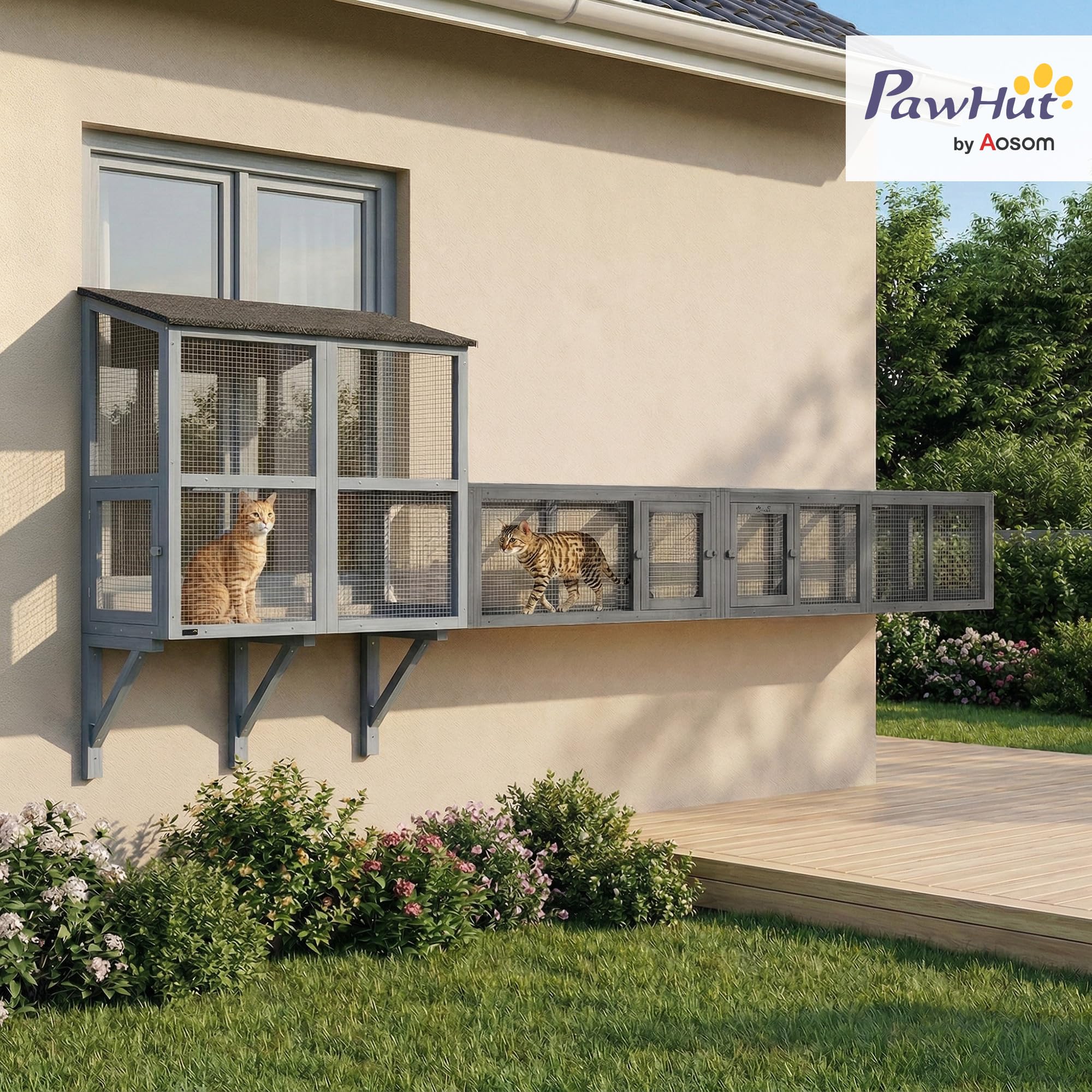 PawHut Túnel de madera para gatos, 250 cm, extra largo, con 8 puertas, forma de L/rectangular, para gato, conejo, cachorro, gris oscuro
