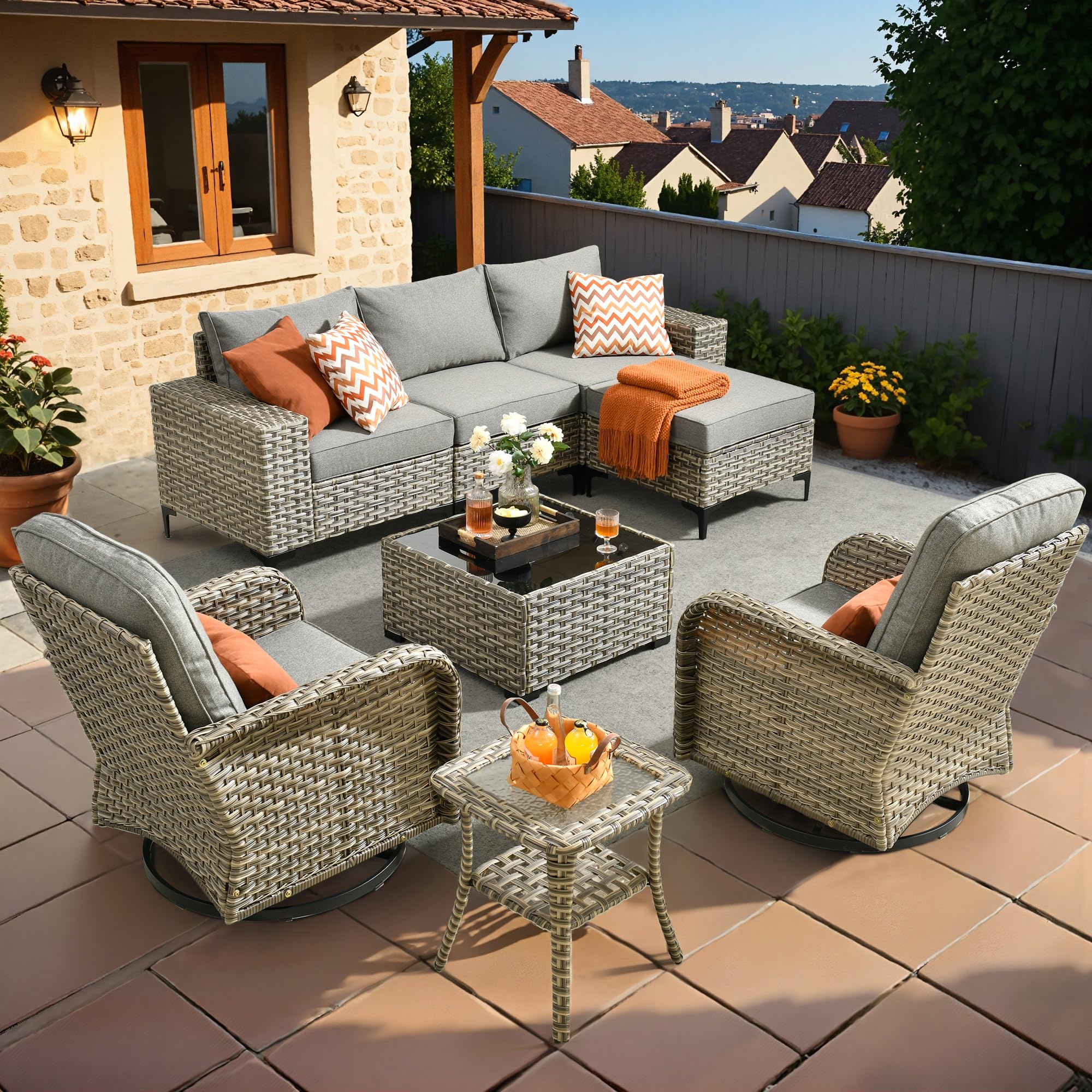 HOOOWOOO Outdoor Sectional Furniture Set,8 Pieces Wicker Patio Conversation Sets,L Shape All Weather Outside Couch Sofa Set with Swivel Chairs Ottoman