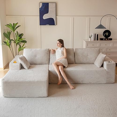 MAXYOYO 104" Modular Sectional Couch with L-Shape Chaise, Modern Boneless Couch for Living Room, Sofa in A Box, Oversized Sofa Sleeper with Deep Seat, No Assembly Required, Grayish Beige