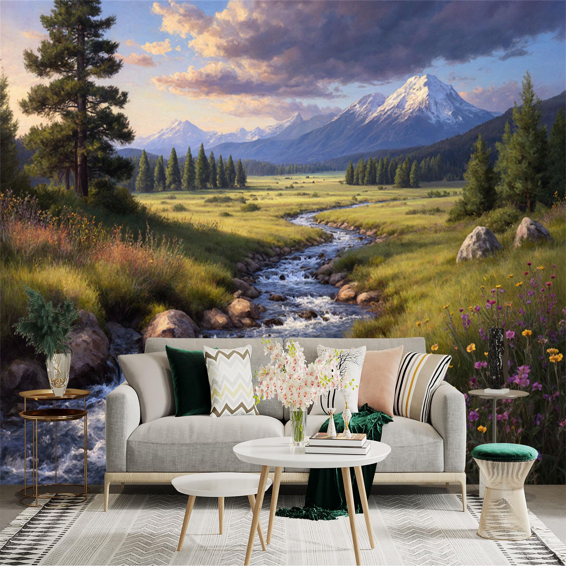 Lnzczhyre Xc260505553 Custom Size Wall Sticker Mural， Scenic Mountain River Landscape， Pine Forest And Wildflowers， For Wall Decoration， Peelandstick Wall Decals.