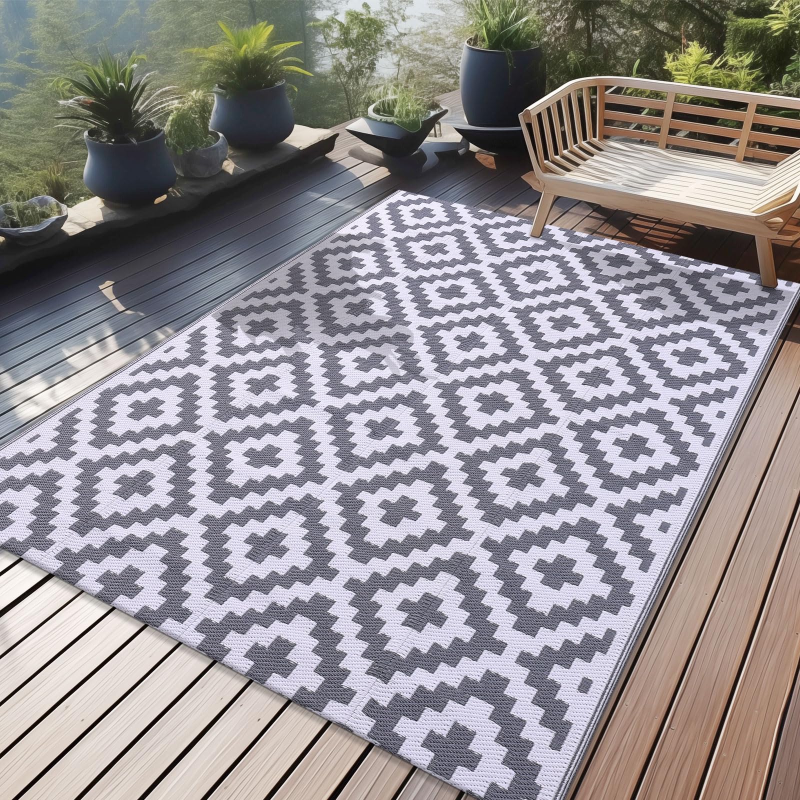 Homaxy Outdoor Teppich Wetterfest, Kunststoff Stroh UV-beständig Wendbar Faltbar Waschbar Balkon Garten Teppich für Terrasse Camping Picknick (120 x 180 cm, Grau & Weiß)