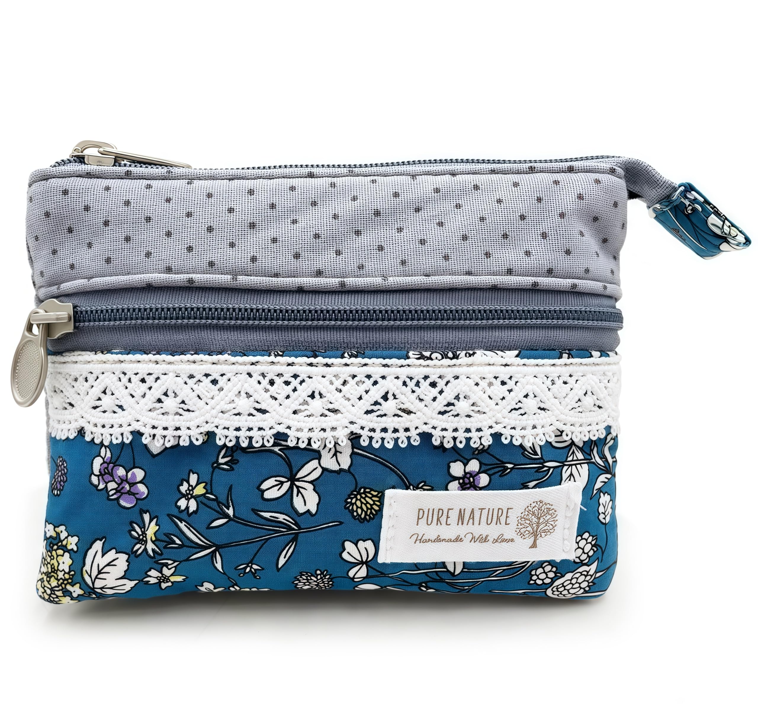 GUXL Women Small Zipper Coin Purse, Handmade Fabric Flower Embroidered Change Pouch, Cotton Double Zipper Wallet