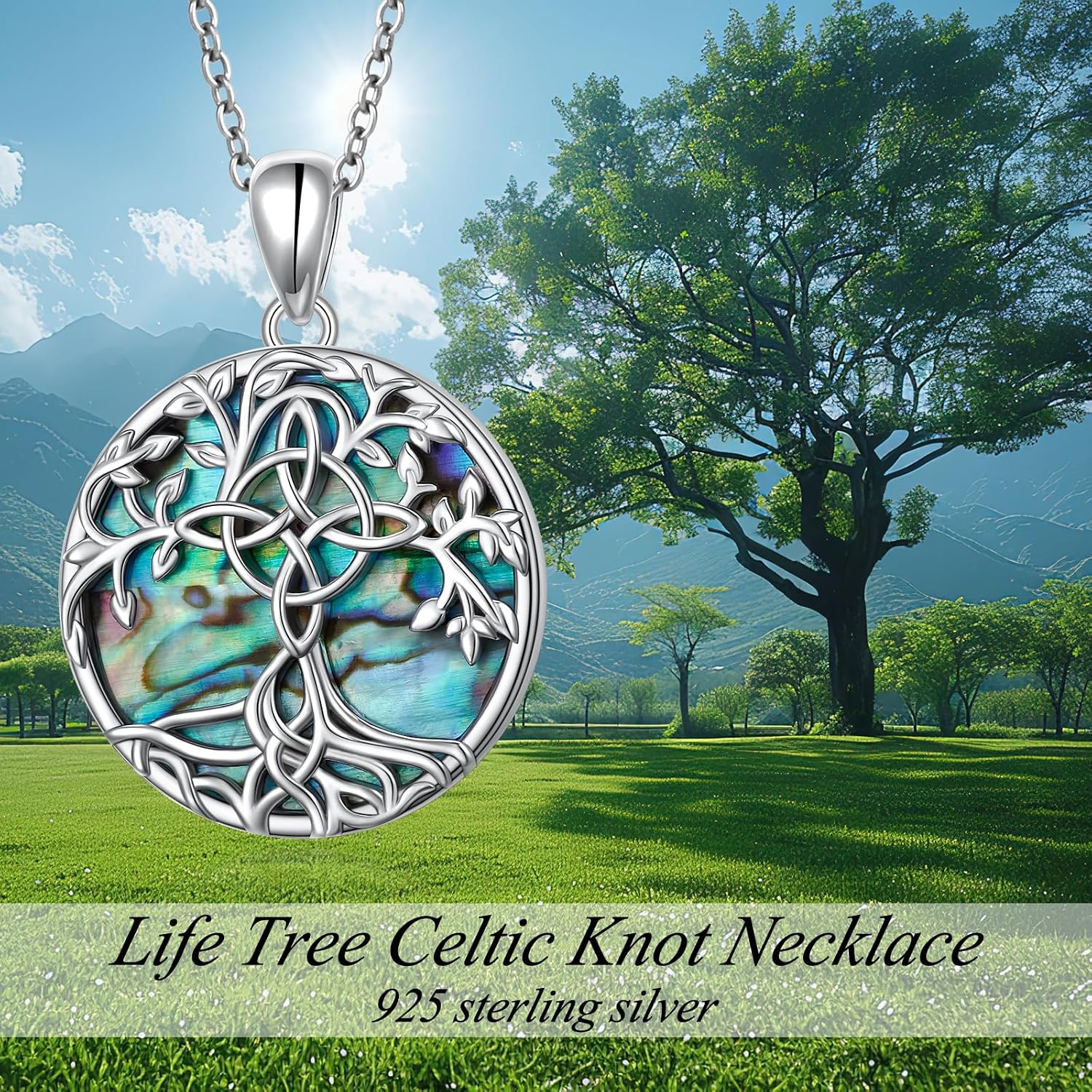 DAOCHONG Tree of Life Witches Knot Necklace 925 Sterling Silver Abalone Shell Pendant Necklaces for Women Good Luck Irish Celtic Jewelry