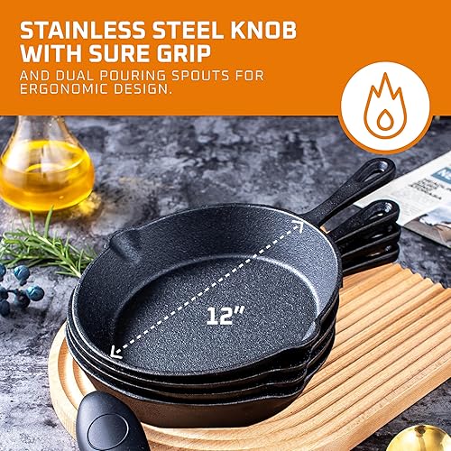 Miniatura 9 de Bruntmor Juego de sartenes de hierro fundido pre-sazonadas, 8, 10, 12 pulgadas, sartenes antiadherentes de esmalte azul con tapa de vidrio templado,