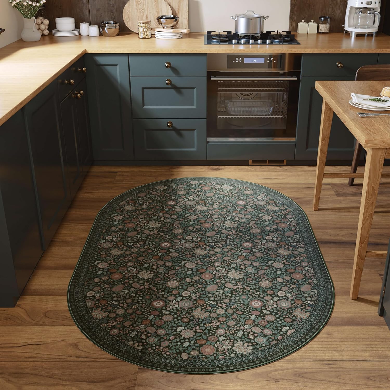Floral Oval Rug 4x6 - Washable Ultra-Thin Living Room Rug Non-Slip Carpets - Soft & Stain Resistant Rug for Kitchen Bedroom Dining Room Indoor Nursery Dark Green