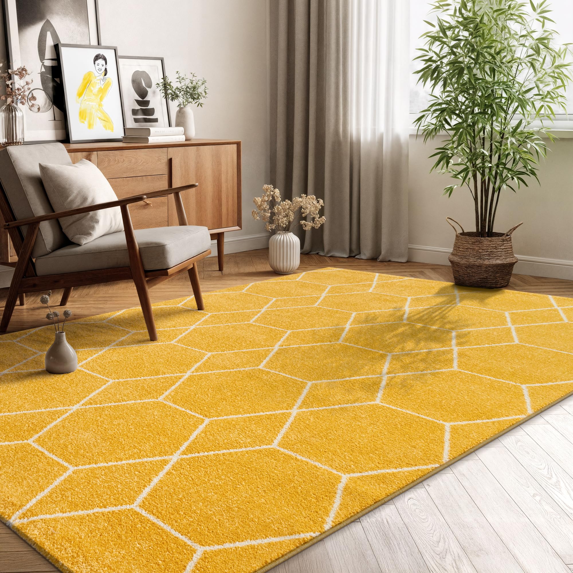 SANAT Wohnzimmerteppich – Pflegeleicht, für jeden Raum geeignet – Öko-Tex zertifizierter Flächenteppich – Trellis Muster, Gelb, 160 x 230 cm