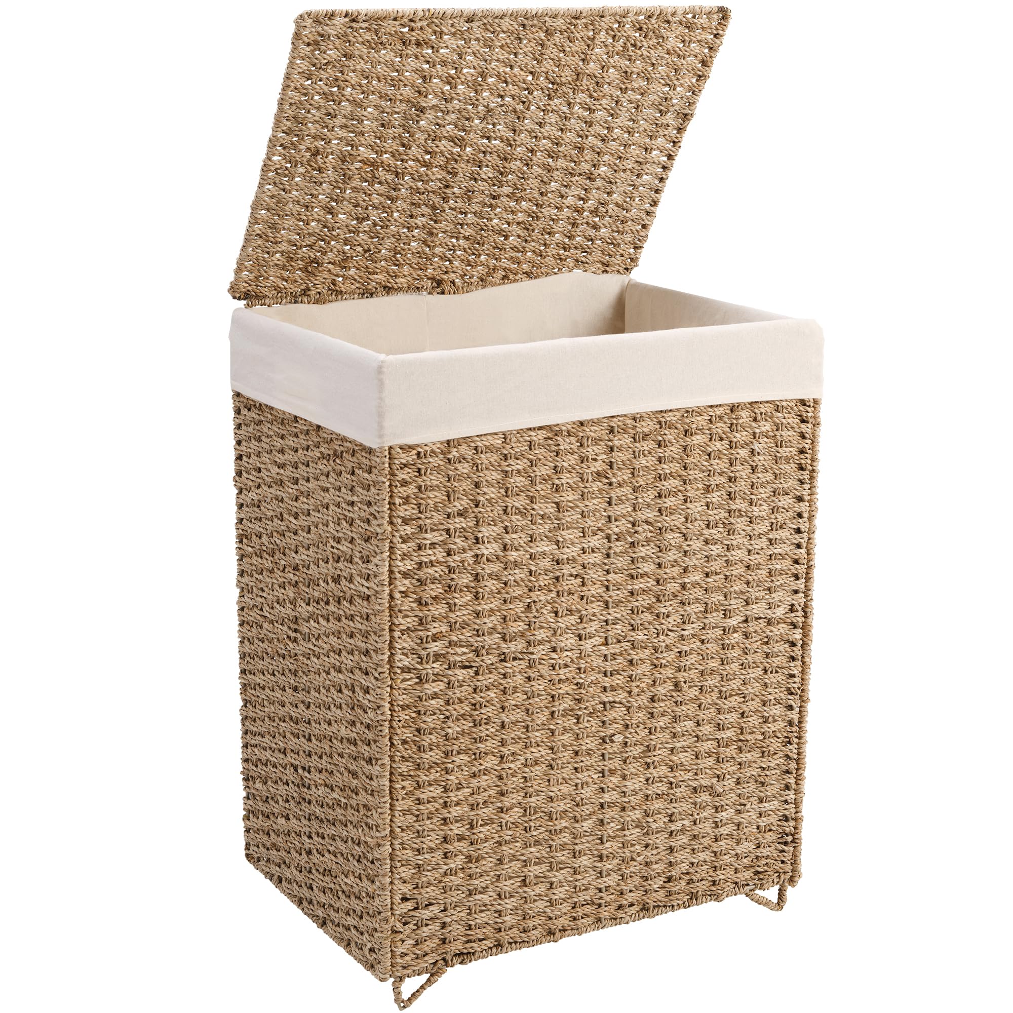 PrimeZone 90L Laundry Hamper with Lid - 23.8 Gal Foldable FSC Certified Natural Seagrass Hand Woven Laundry Basket with Removable Liner & Handle, Rattan Clothes Hamper Organizer for Bathroom, Bedroom