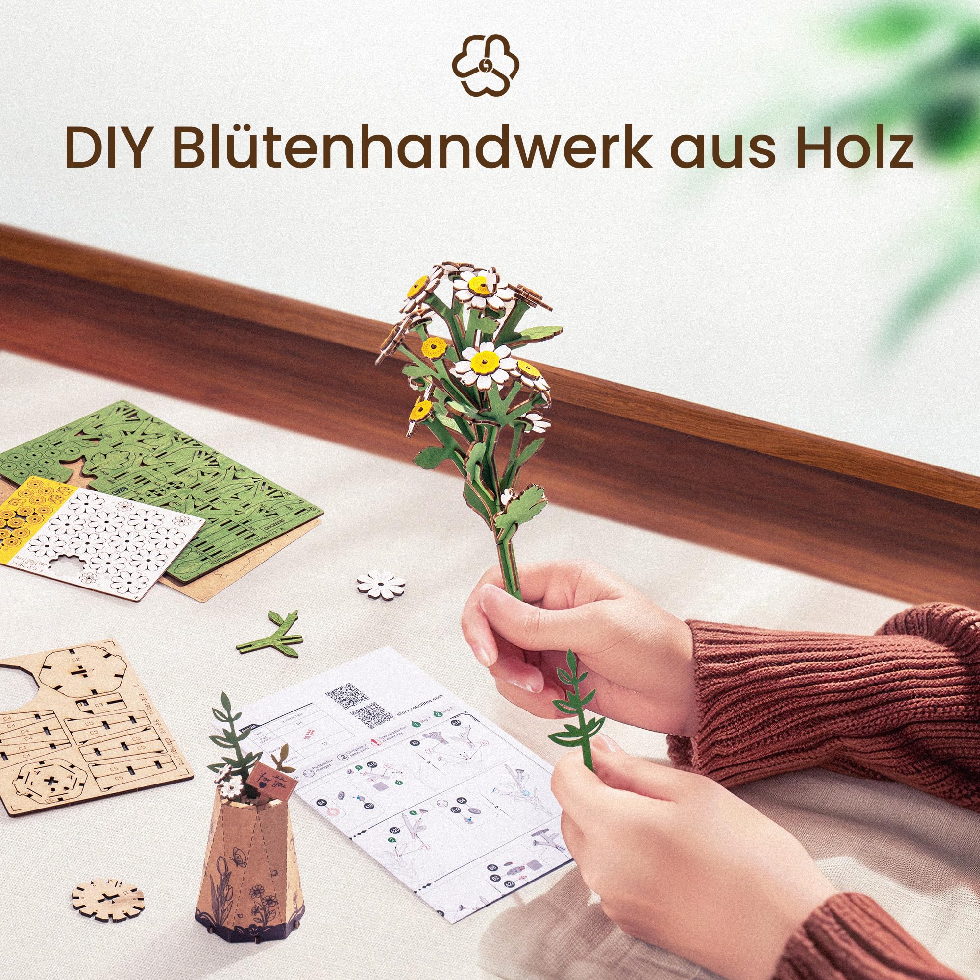 ROBOTIME 3D Holz Blumen Puzzle Kamille, Modellbausätze für Erwachsene zum Zusammenbauen, künstliche Ewige Blüten, DIY Bastelset… – Ansicht 6