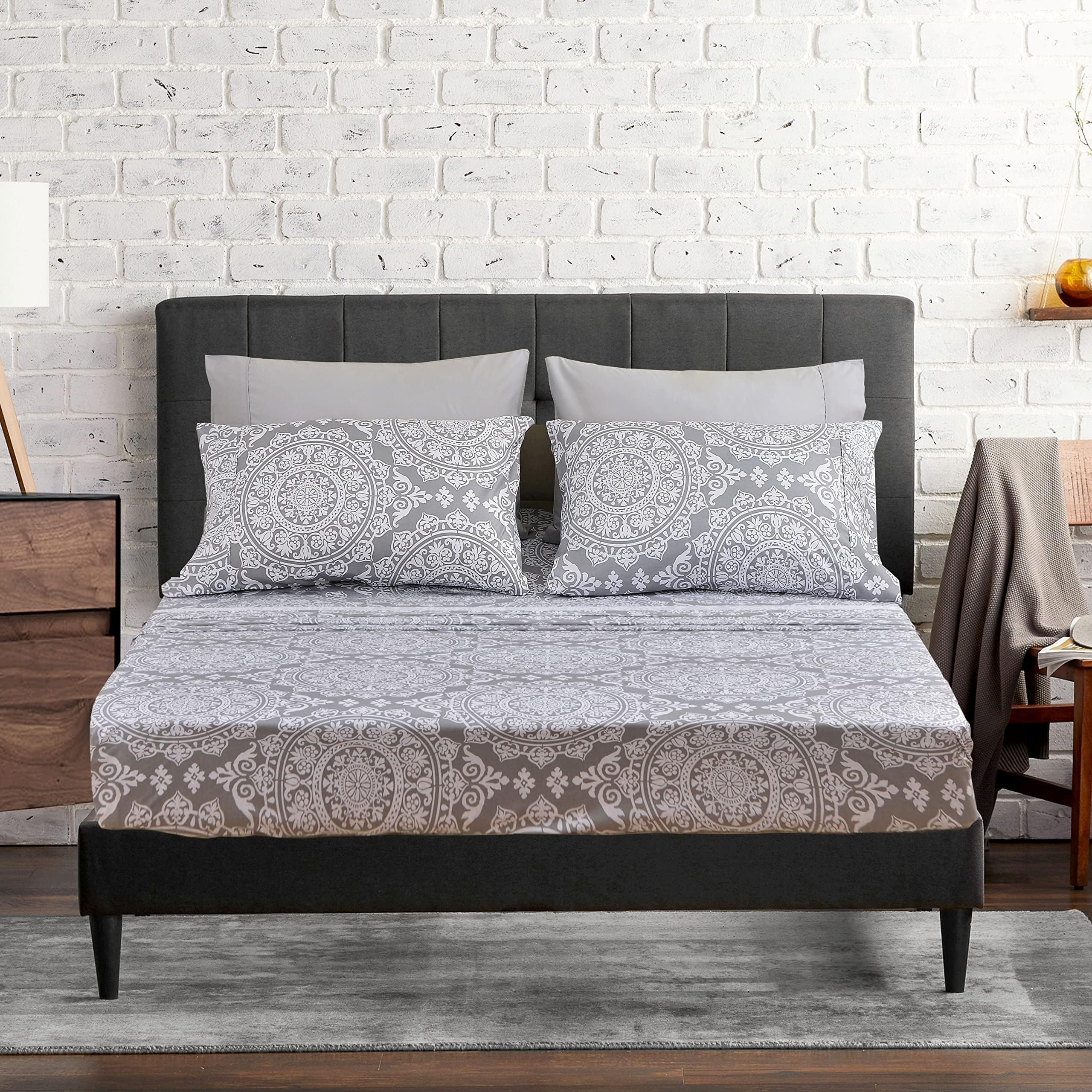 American Home CollectionUltra-Soft Microfiber Sheet Set - Double Brushed - Wrinkle and Stain Resistance - Fit 14 inches Deep Pocket - 6 Pieces Set (King, Grey Geometric)