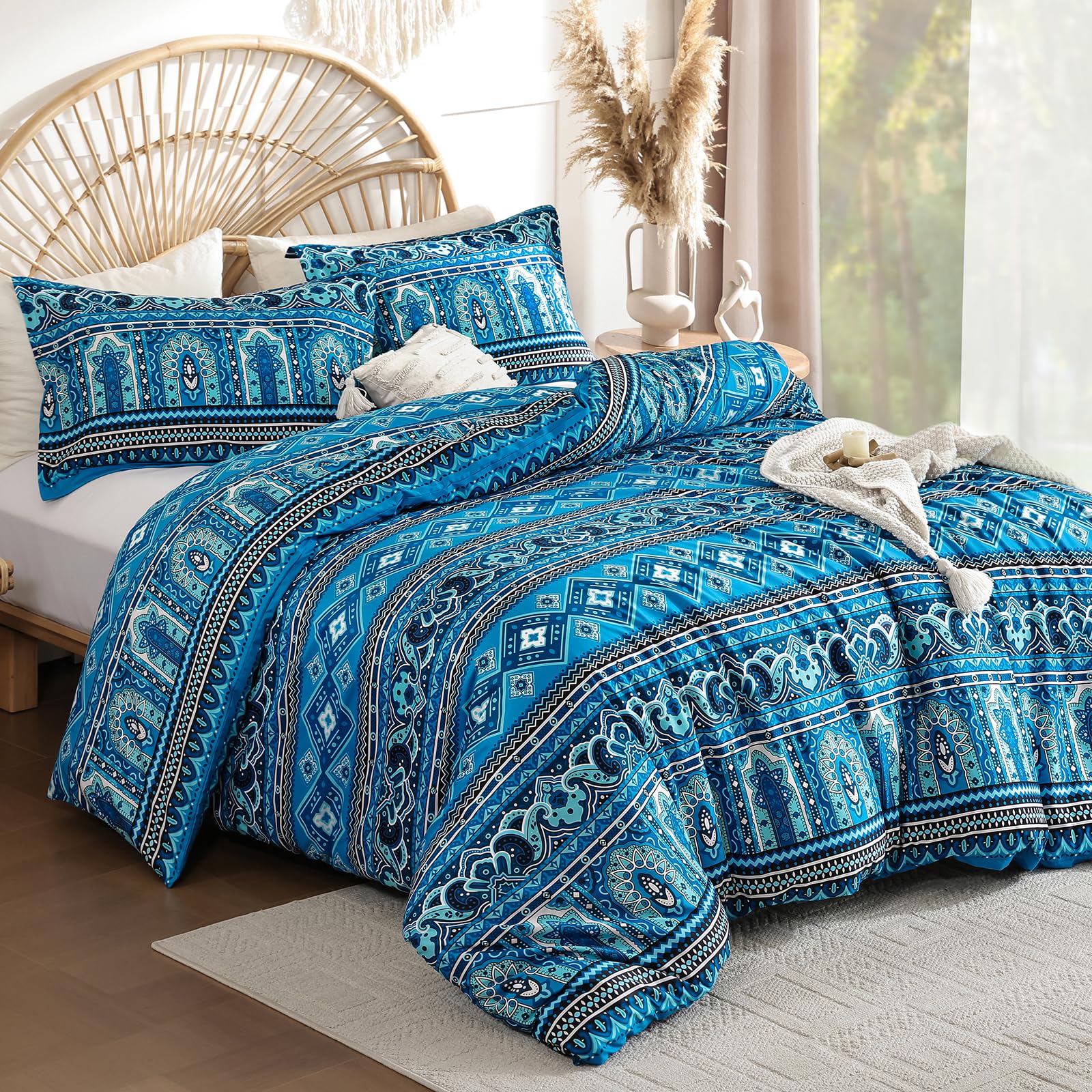 WONGS BEDDING Teal Blue Bohemian King Size Duvet Cover Sets Colorful Boho Striped Bedding Set including 2 Pillowcases Soft Microfiber Moroccan Quilt Cover with Zipper Closure 220x230cm - Image 3