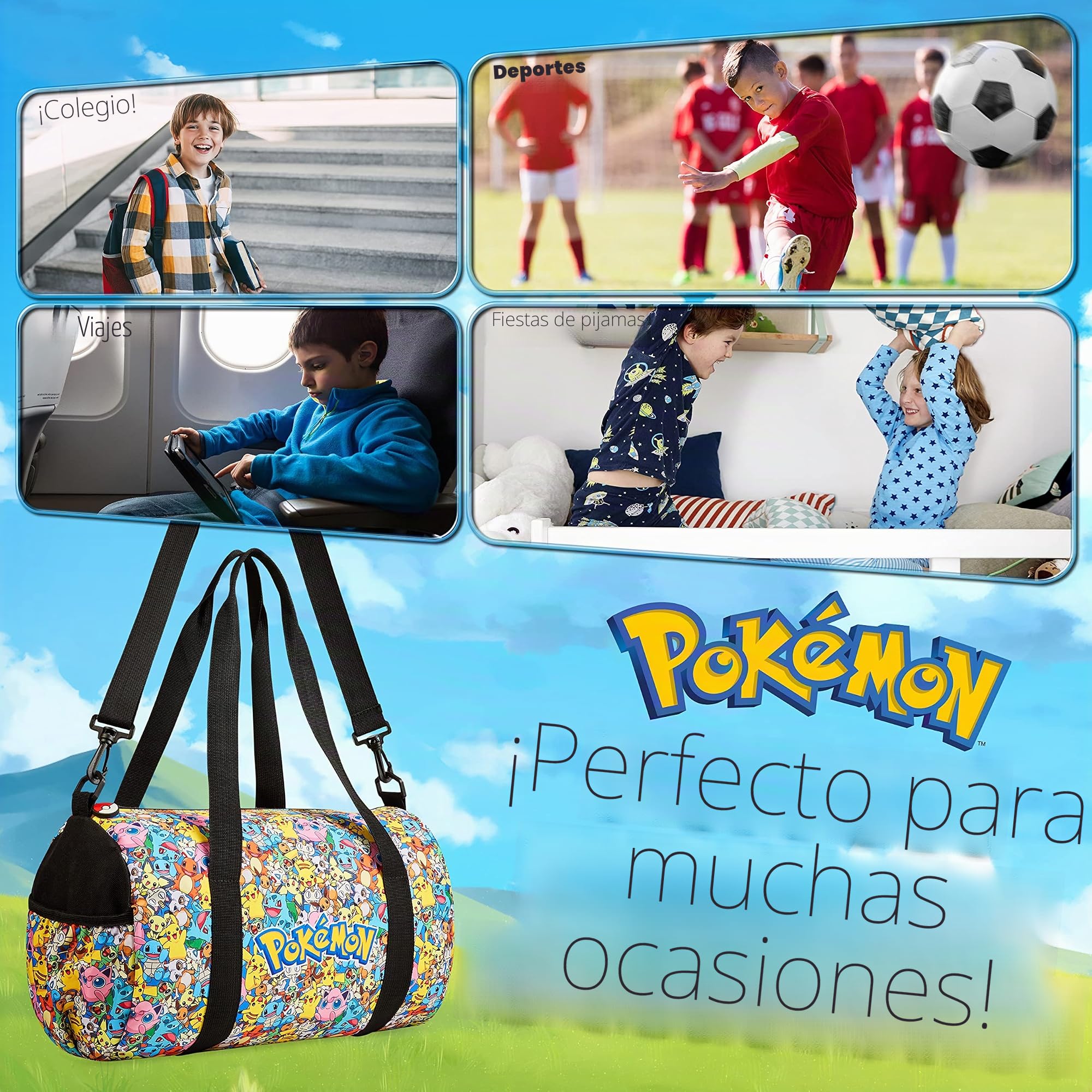 Pokemon Bolsa Deporte Niño Niña Bolsa Piscina Niño Bolsa Viaje Fin de Semana Playa Futbol Gym Merchandising Oficial Pikachu (Multicolor)