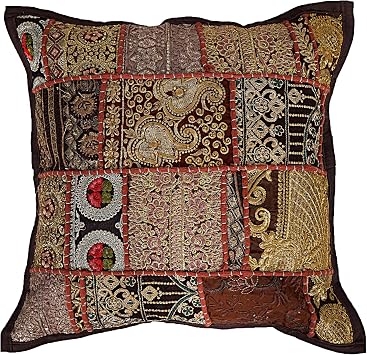 Marubhumi Indian Handmade 16x16 Patchwork Cushion Pillow, Sari Patch Throw Pillow Indian Ethnic Pillow Covers Embroidered Sari Patchwork Cushion Cover Brown