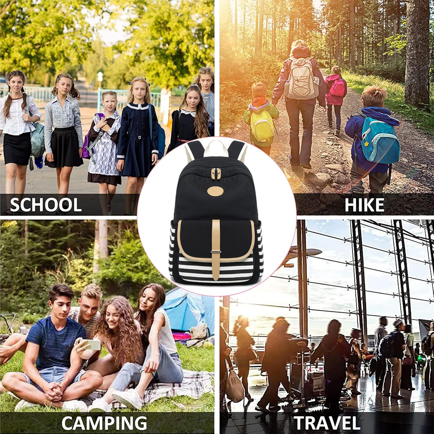 Joyfulife School Backpacks for Teen Girls Lightweight Canvas Backpack Stripe Backpack Kids Bookbags Set 3 in 1 - Image 5