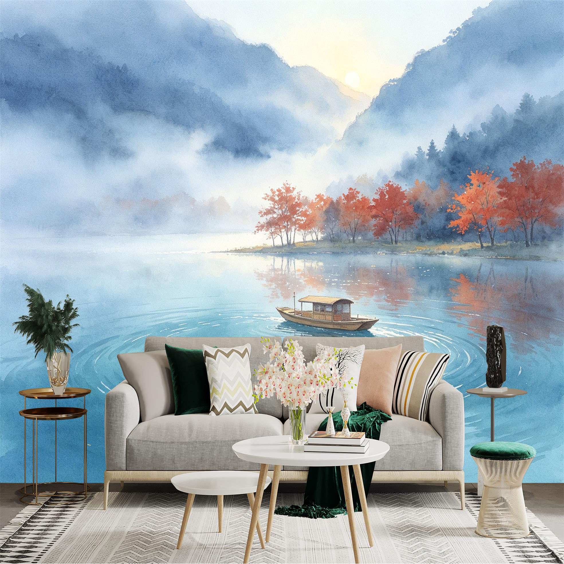 Custom Size Wall Sticker Mural， Watercolor Misty Lake， Calm Waters with Small Boat， Red Autumn Foliage， Serene Mountain Landscape， for wall Decoration， peelandstick wall Decals.