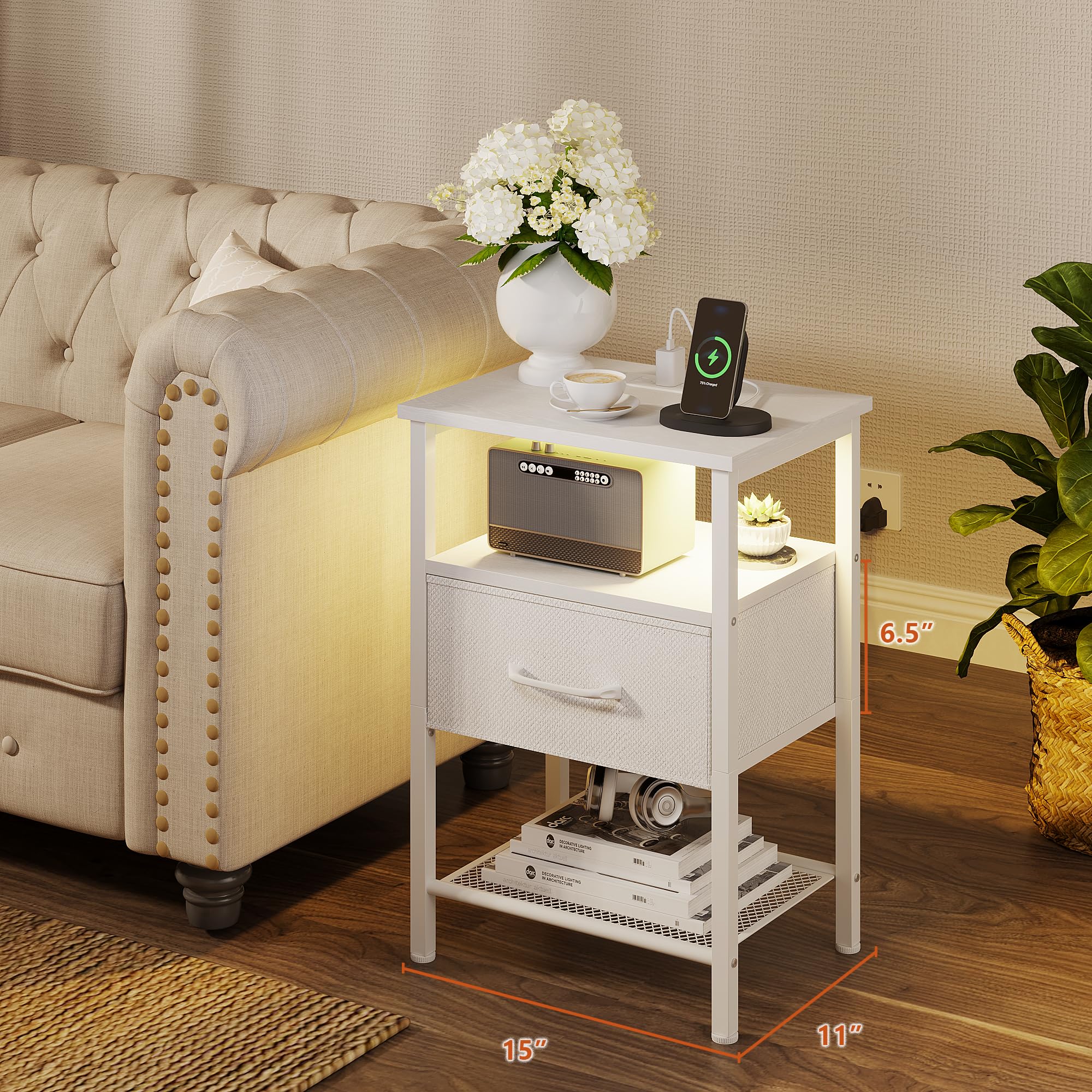 TRIFEBLE Night Stand Set 2, End Table with Charging Station, LED Bedside Table with Fabric Drawer for Bedroom, 3-Tier Side Table with Open Shelf, Black: 2 White