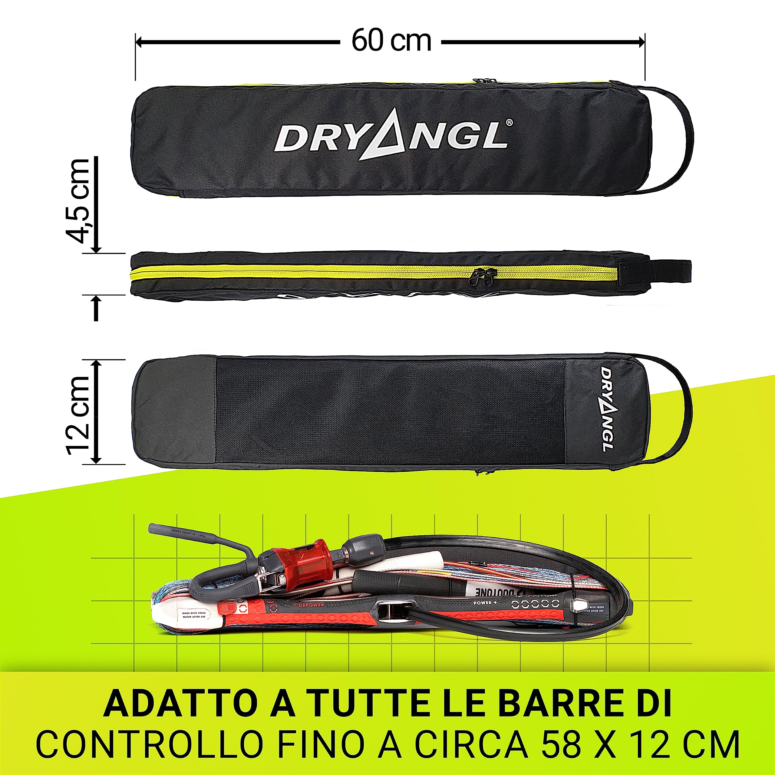 Borsa di protezione per barra kitesurf, con cerniera su entrambi i lati e inserto in rete traspirante, pratica maniglia a fettuccia e passante per appenderla. Kite control bar bag, 60x12x4,5cm