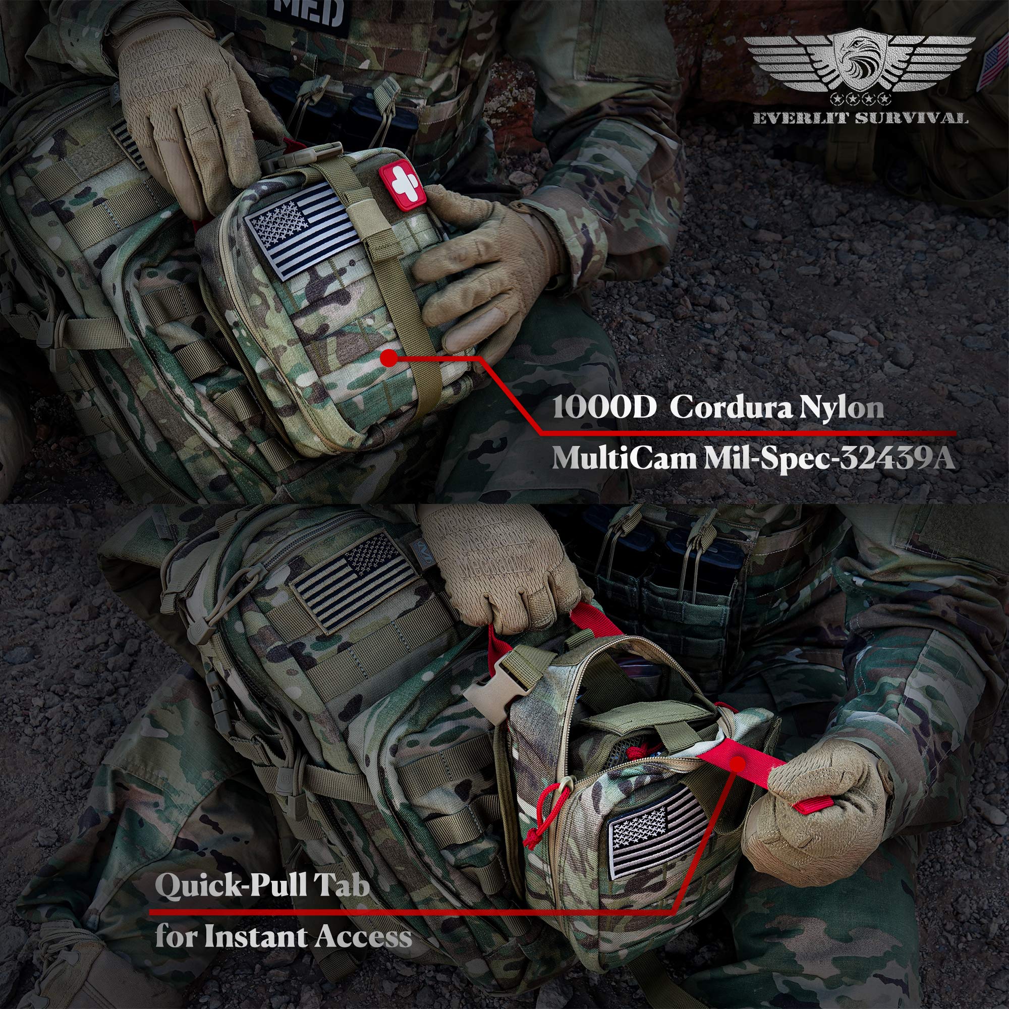 EVERLIT Kit avanzado de trauma de emergencia, CAT GEN-7 Torniquete Mil-Spec Nylon Cut Pouch with 91.4 cm Split, Military Combat Tactical IFAK for First Aid Response Bleeding Control (Multicam)