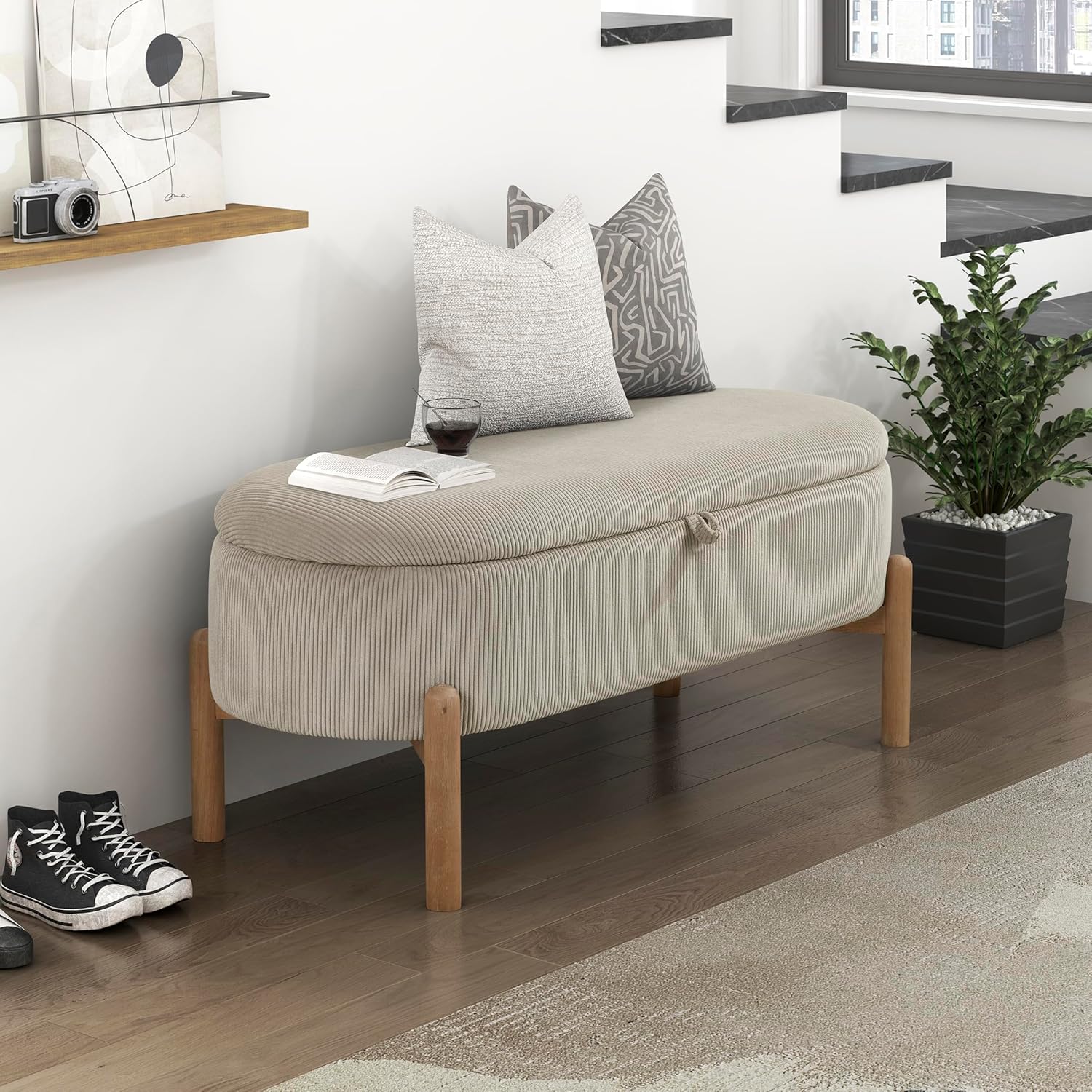 Lexicon Lift Top Storage Bench, Corduroy Upholstered Oval Entryway Bench with Solid Wood Leg Support, Modern Striped Storage Chest for Entryway/Living Room/Bedroom, Taupe