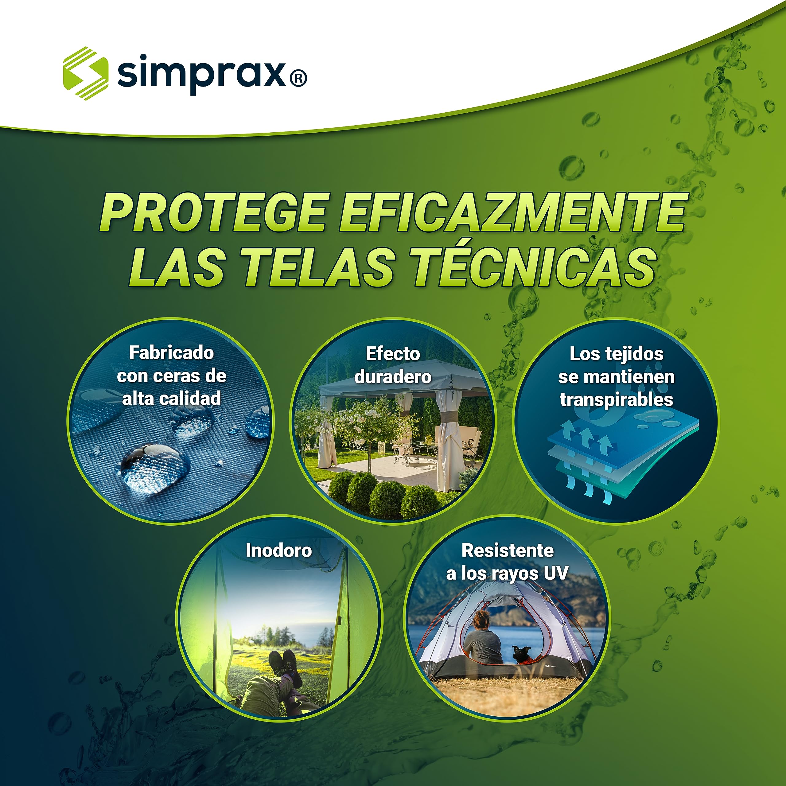 Spray Impermeabilizante Textil para Tiendas de Campaña Lonas Accesorios de Exterior - Certificado Oeko-Tex - Spray Impregnante Transparente Hidrofugo Ecologico con Protección UV - 5 L
