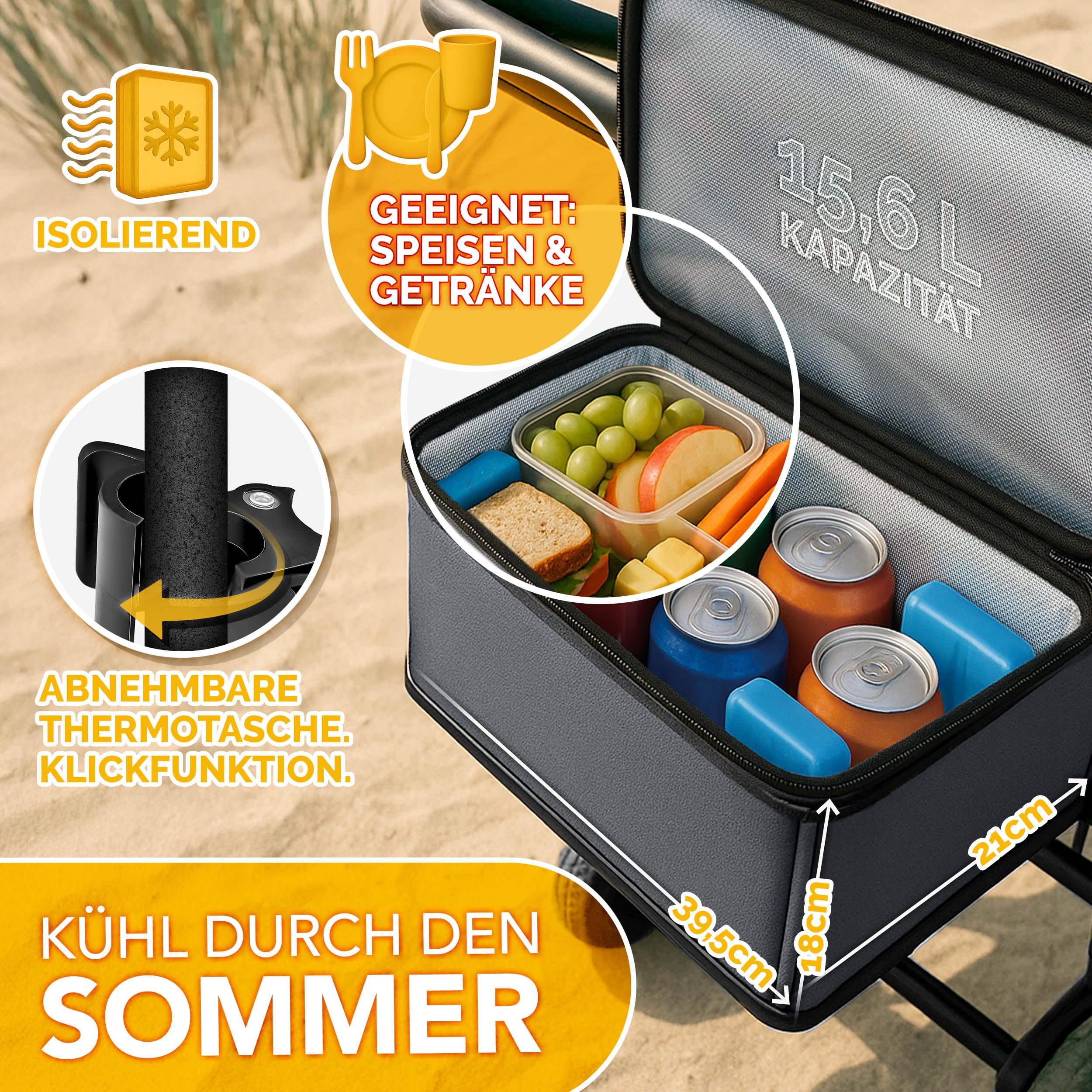 TRESKO® Bollerwagen Faltbar mit Dach, Kühlfach & Seitenrollos | Handwagen max. belastbar bis 150kg | Transportwagen mit Vollgummireifen & Feststellbremsen (Vorne & Hinten) und 3-Punkt-Gurt (Anthrazit)