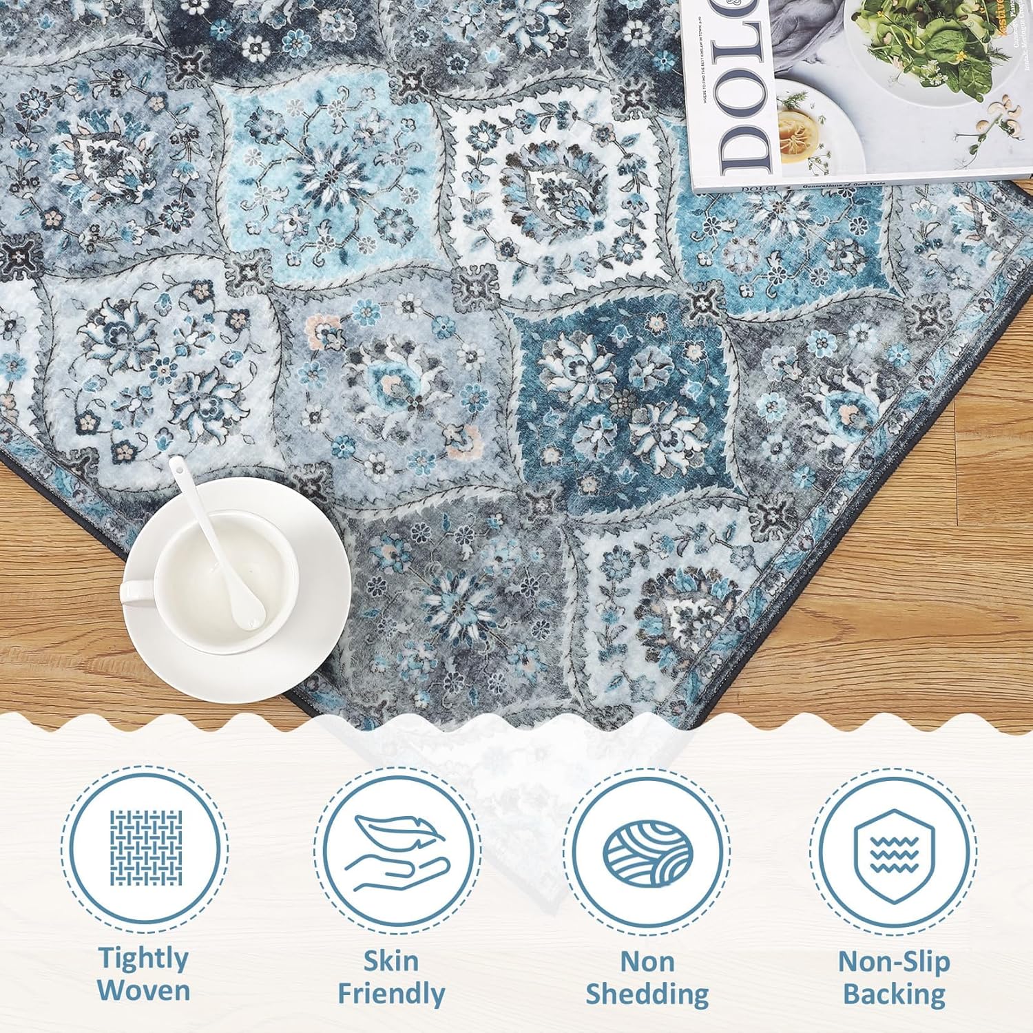 Garvee Trellis Runner Rug 2x6 Washable Runner Rug Retro Floral Soft Hallway Runners Non Slip Non-Shedding Accent Rugs Low Pile Foldable Thin Carpet for Entryway Bedside Kitchen Laundry Nursery Blue