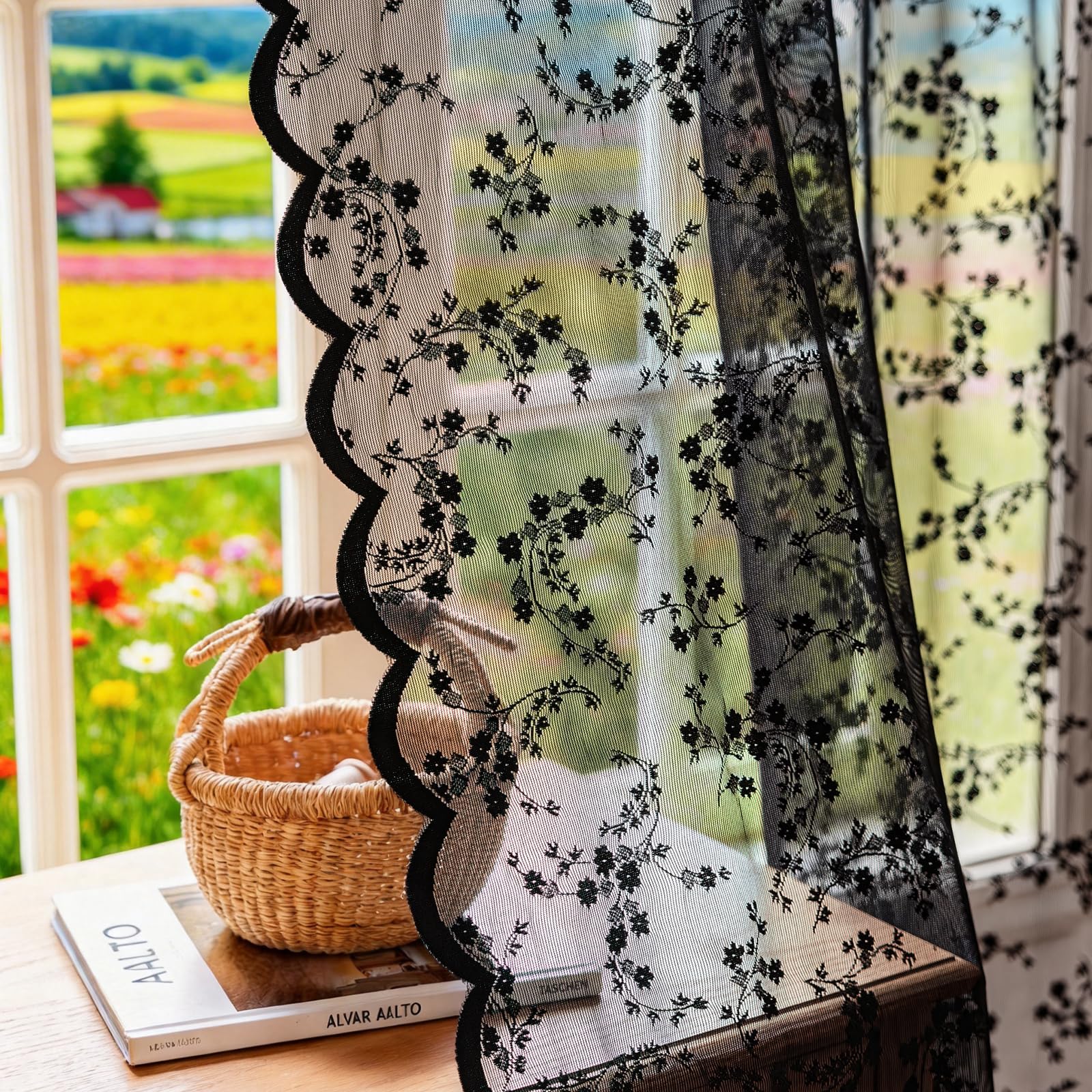 MIMUNULUX Vintage Floral Lace Sheer Curtains 96 Inches Long 2 Panels, Flower Branch Pattern, Scalloped Edge, Easy Rod Pocket, Romantic Drapes for Bedroom Living Room (W52xL63) Black