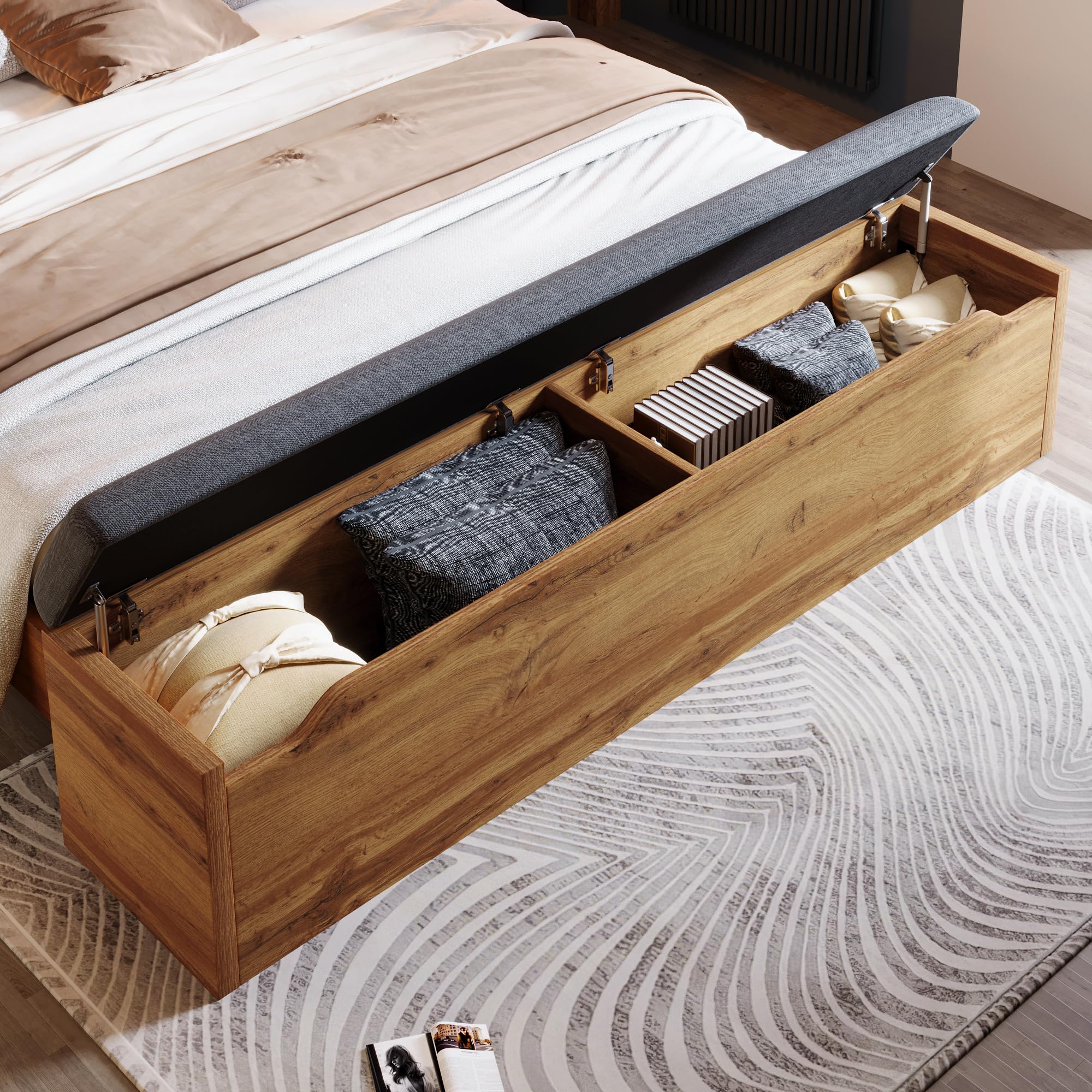Letto matrimoniale 160x200 con testiera ribaltabile rivestita in tessuto di lino, Letto Industrial con 2 comodini e panca con contenitore, lampade da lettura con USB, Legno Rovere (Senza Materasso)