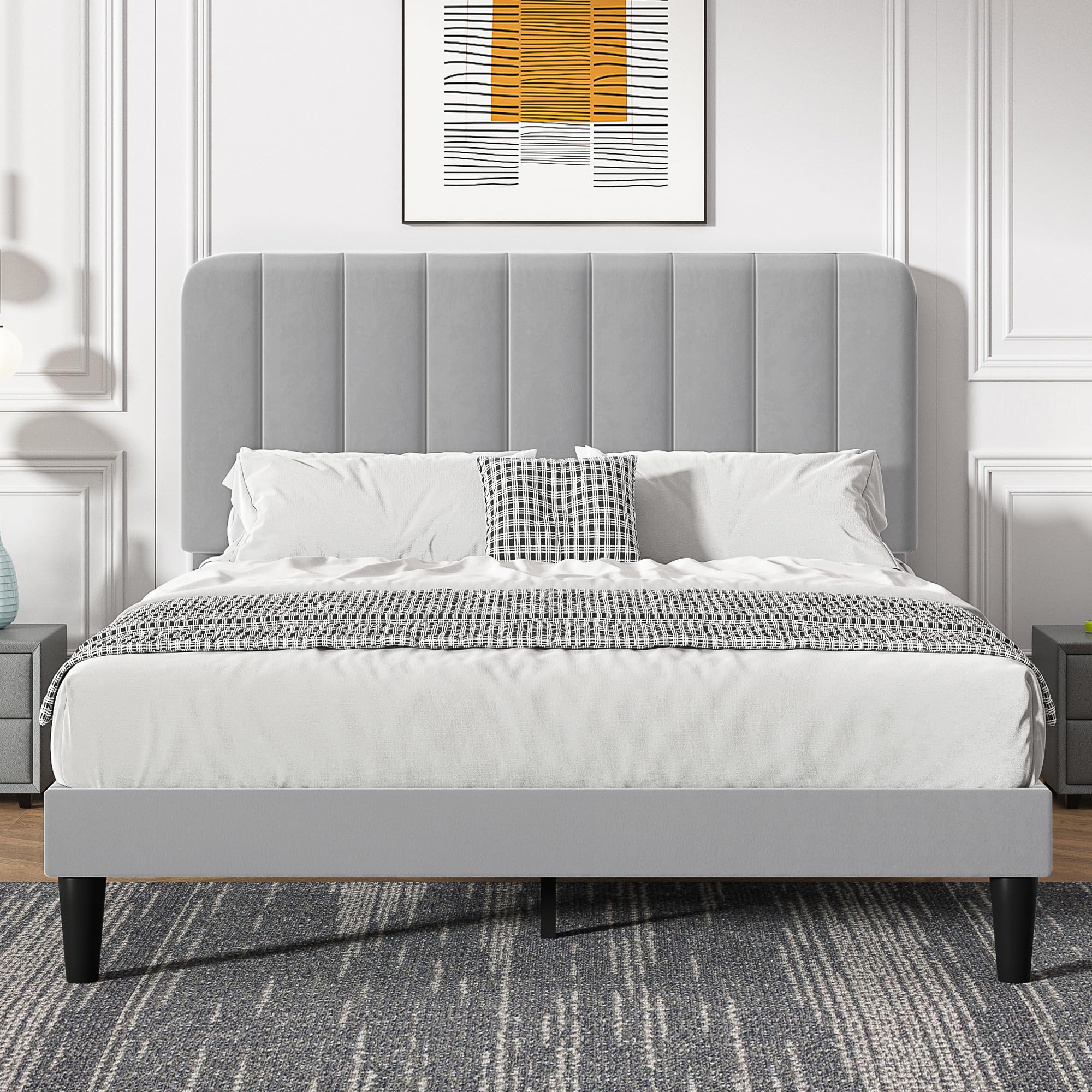 VECELO Queen Size Bed Frame with Upholstered Headboard, Velvet Platform Bedframe Mattress Foundation, Strong Wood Slat Support, No Box Spring Needed,Light Grey
