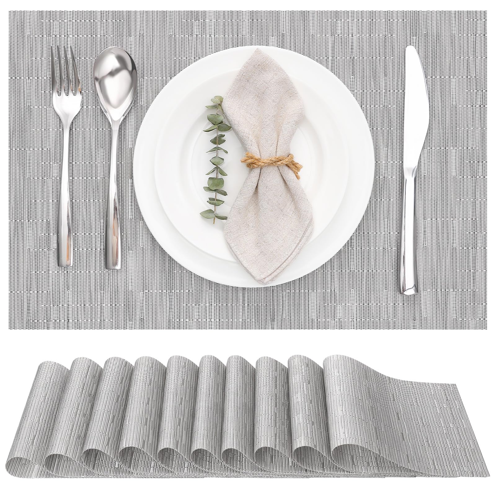 Myir JUN Table Mats Set of 10, Place Mats Table Placemats Washable Non-slip Heat Insulation Woven Vinyl for Kitchen Dinning Restaurant 17"X12" (Silver Gray) — image 1