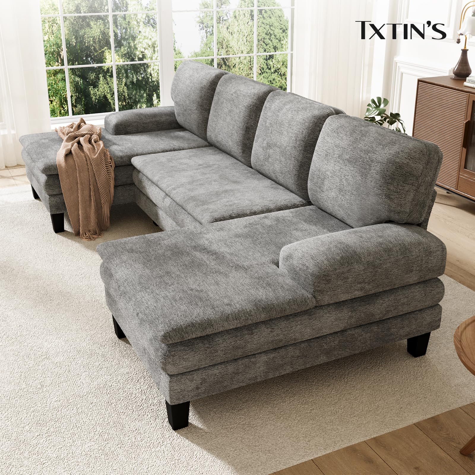 Txtin's U-Form Sofa 4-Sitzer, Ecksofa mit Schlaffunktion, Couch mit Chenille-Stoff, Big Sofa für Wohnzimmer, 279 x 114 x 80 cm, Grau