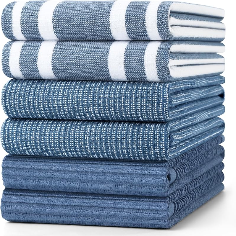 Cotton 380 GSM Premium Kitchen Towels, 18"x 28", 6 Pack, Navy Blue | Soft and Absorbent Terry Dish Towels, Multipurpose Tea Towel Set with Hanging Loop, 3 Styles Kitchen Hand Towels