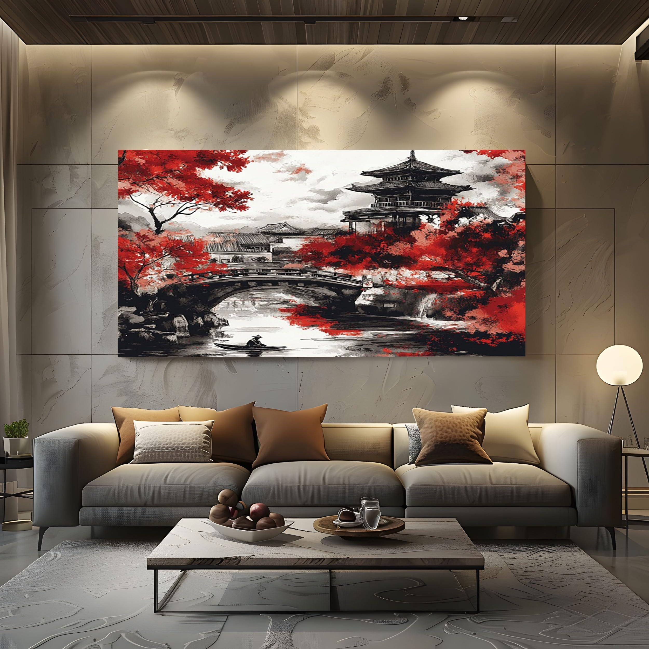 ZORYAN Oriental Pagoda Pattern Framed Large Canvas Wall Art Crimson Leaf Motif Canvas Print Poster for Living Room Wall Art Decor, Pictures for Home Office Restaurant, 80x120cm Crimson
