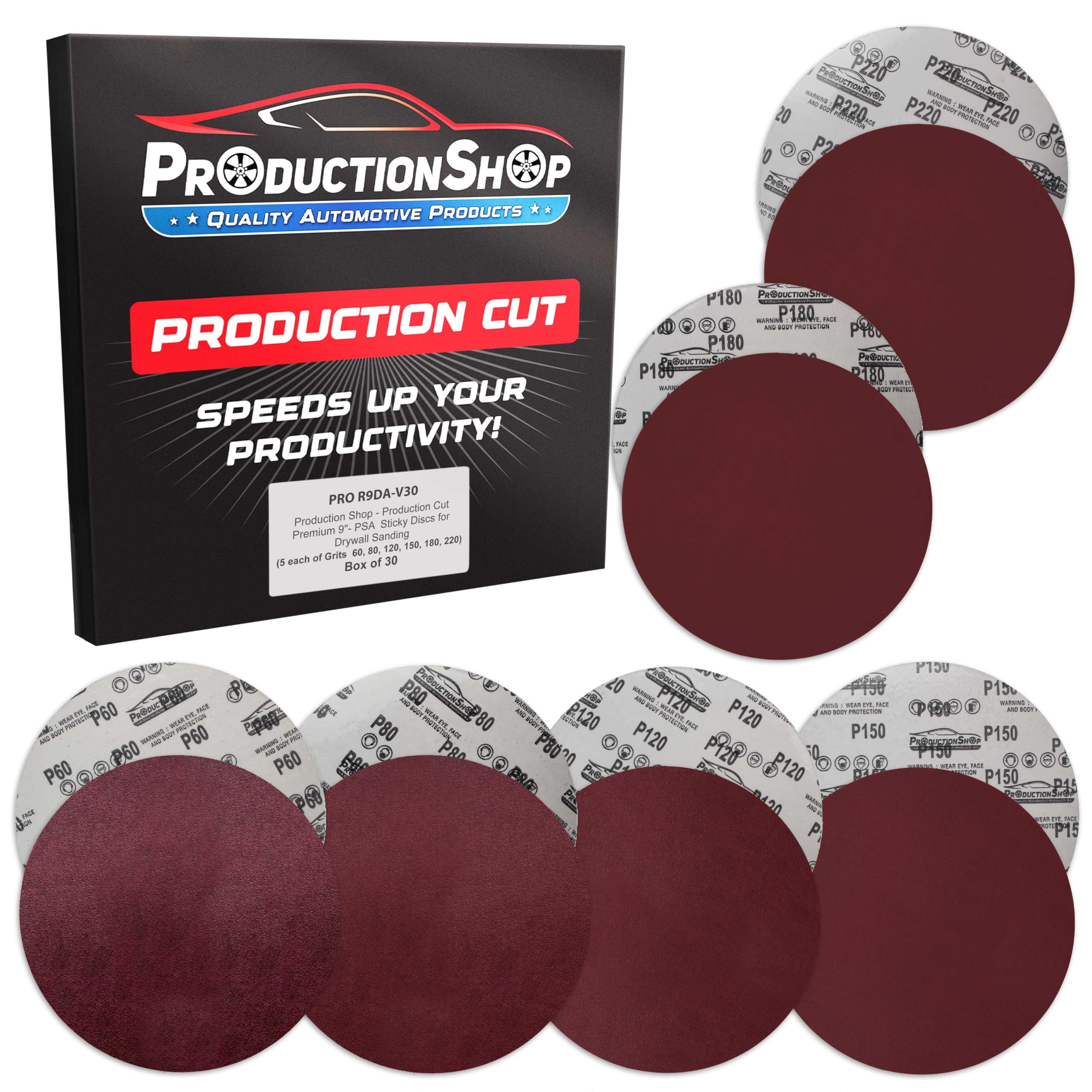 ProductionShop Discos de lija rojos de 9 pulgadas, paquete variado de 30 discos, granos 60, 80, 120, 150, 180, 220, papel de lija sin agujeros para lijadora eléctrica de paneles de yeso, arena para