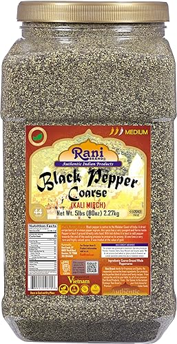 Rani - Pimienta negra molida gruesa de 28 mallas (molienda de mesa), 80 onzas (5 libras) 5.0 lbs tarro de PET a granel  Todo natural  Vegano  Apto