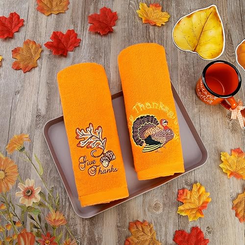 Miniatura 3 de Quera Paquete de 2 toallas de mano de otoño de Acción de Gracias, hojas de otoño, pavo, bordadas, decoración de lujo de primera calidad, juego