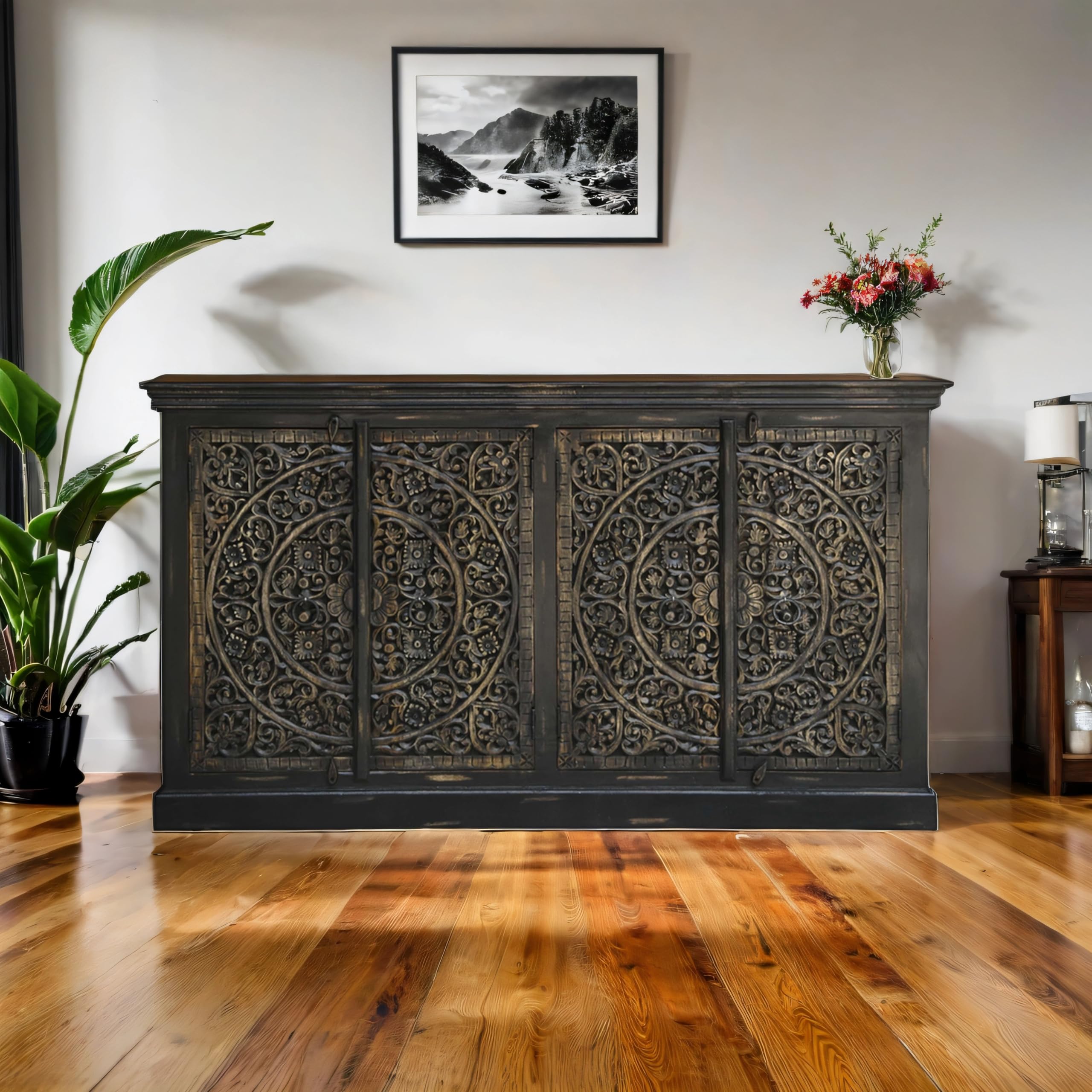 MYOON Stylish 4 Door Sideboard | Mango Wood Sideboard for Living Room, Bedroom | Lightweight & Portable | Multipurpose | Wooden Furniture for Home | 43 X 83 X 102 Cm-image-11