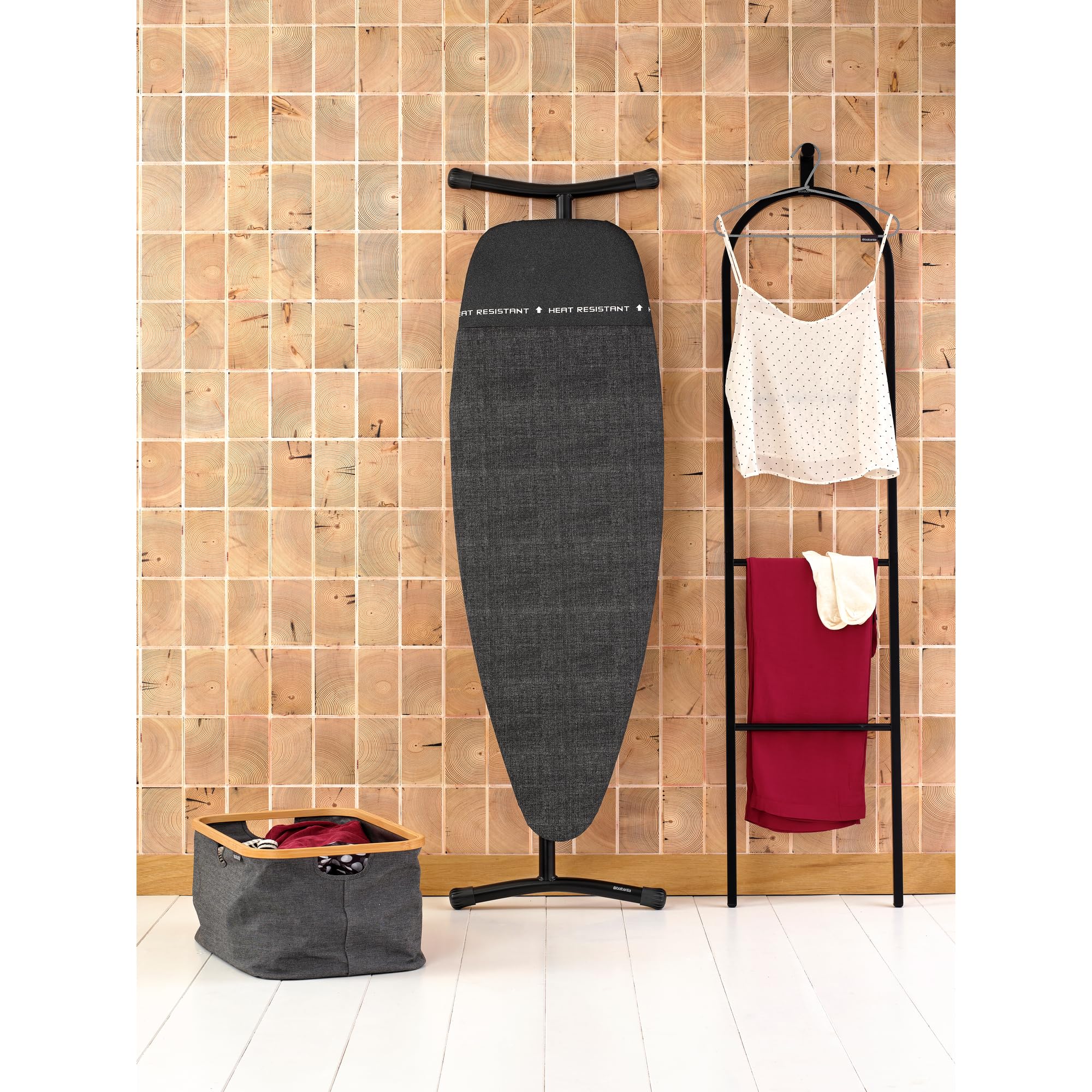 Brabantia Ironing Board D, 135x45cm - Denim Black | 100% Fairtrade Cotton | XL Ironing Board & Wide Surface | Heat Resistant Zone for Steam Generators | Foldable Iron Table & Sit-Down Use