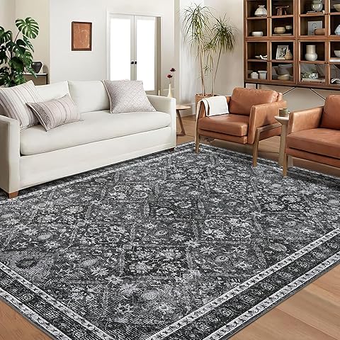 GarveeHome Living Room Rug 8x10 Washable Rug Moroccan Trellis Accent Rugs Vintage Floral Distressed Floor Cover Ultra-Soft Indoor Carpet Non Slip Foldable Thin Rugs for Bedroom Nursery Dark Grey