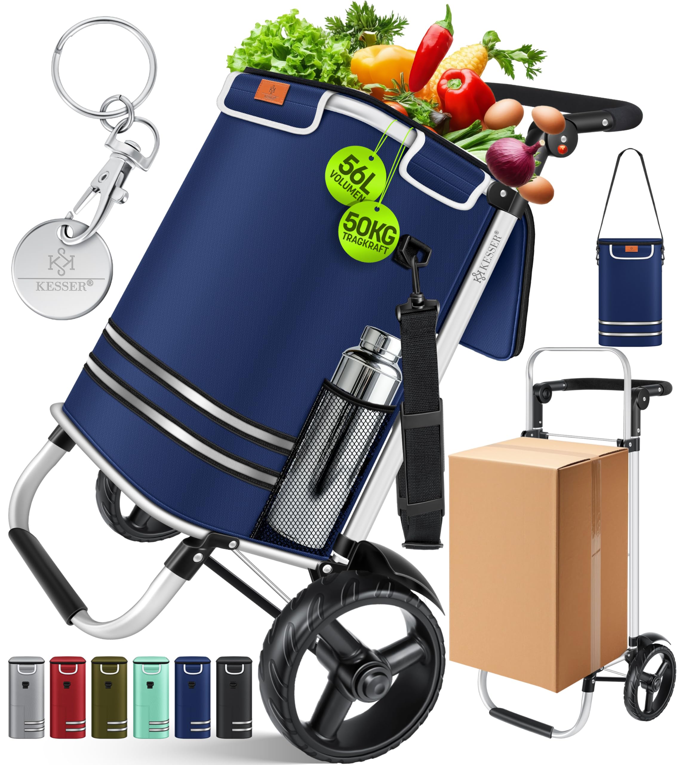 KESSER® Einkaufstrolley klappbar mit 56L Kapazität und belastbar bis 50kg | 3in1 Trolley Sackkarre & Umhängetasche | Faltbarer Einkaufswagen inkl. Kühlfach & Einkaufschip | Treppensteiger Navyblau