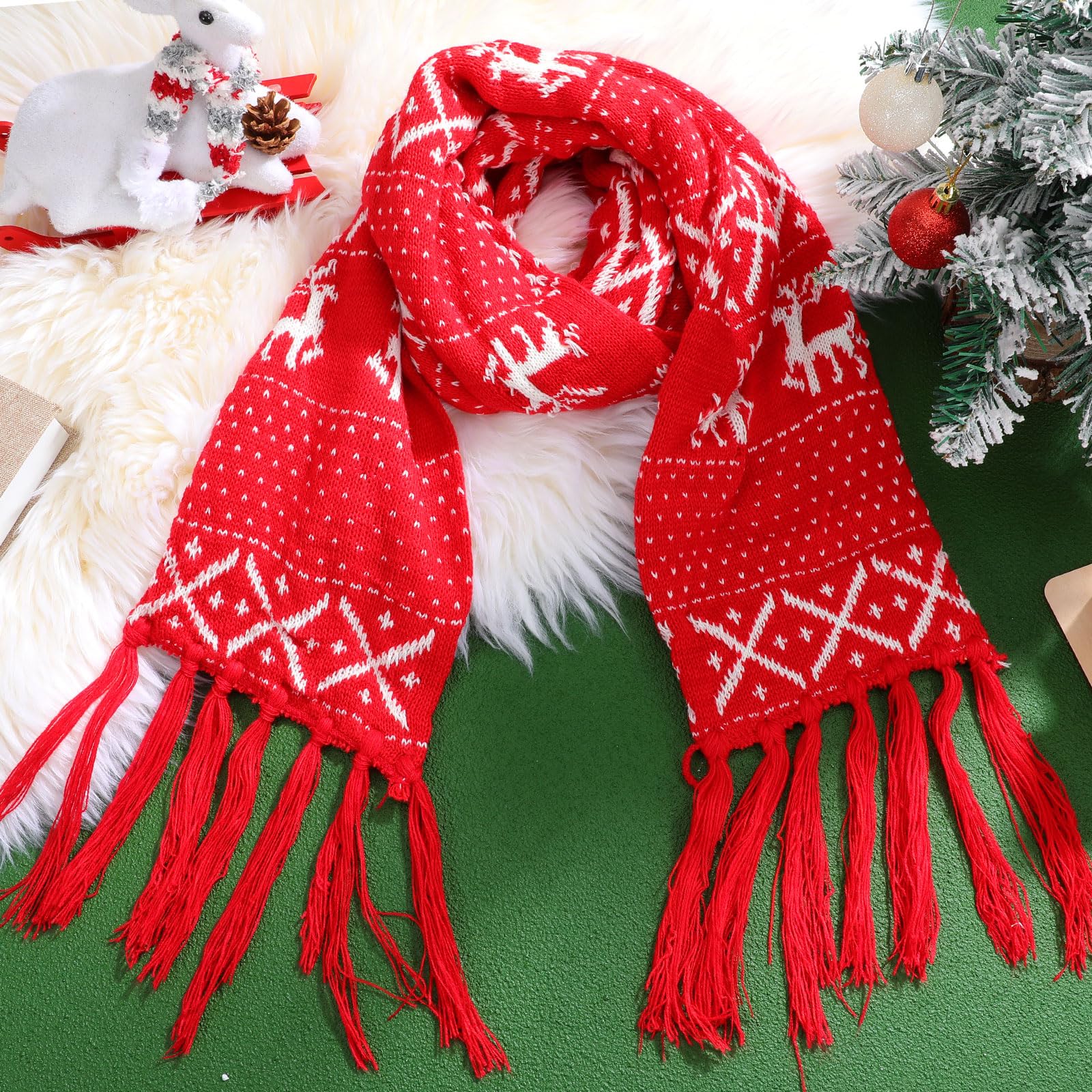 OSALADI Sciarpa Calda di Natale Motivo Alce e Frange, Sciarpa Lunga in Lana Lavorata a Maglia, 160 CM, per Ragazze e Donne Nelle Giornate Fredde