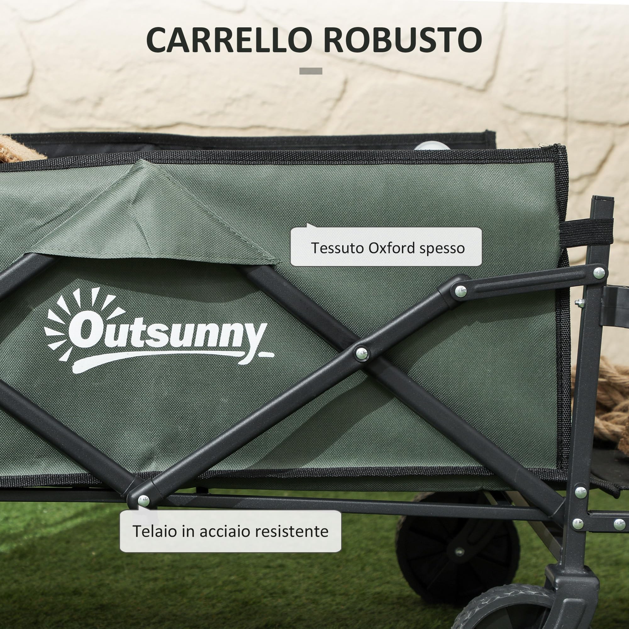 Outsunny Carrello da Giardino da 95L con 4 Ruote Carrello Spiaggia Verde | Pieghevole, Acciaio e Tessuto Oxford, Borsa da Trasporto Lavabile, 2 Tasca Portaoggetti, Maniglia Girevole e Regolabile