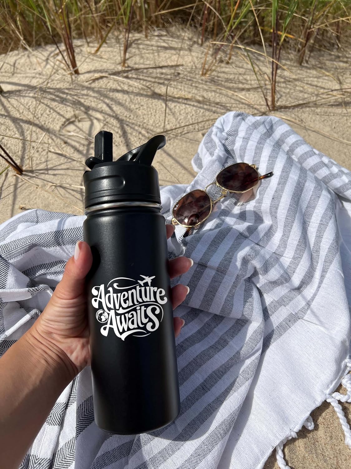Adventure Awaits Personalized Stainless Steel Water Bottle, Vacuum-insulated, 18 or 32 ounce Size, Keeps Liquids Pipping Hot or Icy Cold! (Straw or Mouthtop). Adventure Bottle. Made in America.